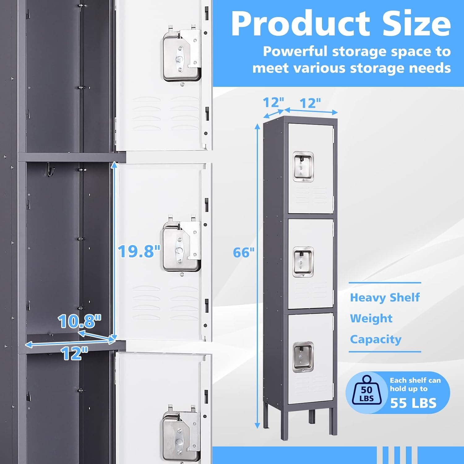 image:imageLetaya Storage Locker66 Employees Metal Cabinet 3 Door Lockable for School Gym Home Office StaffGrey White