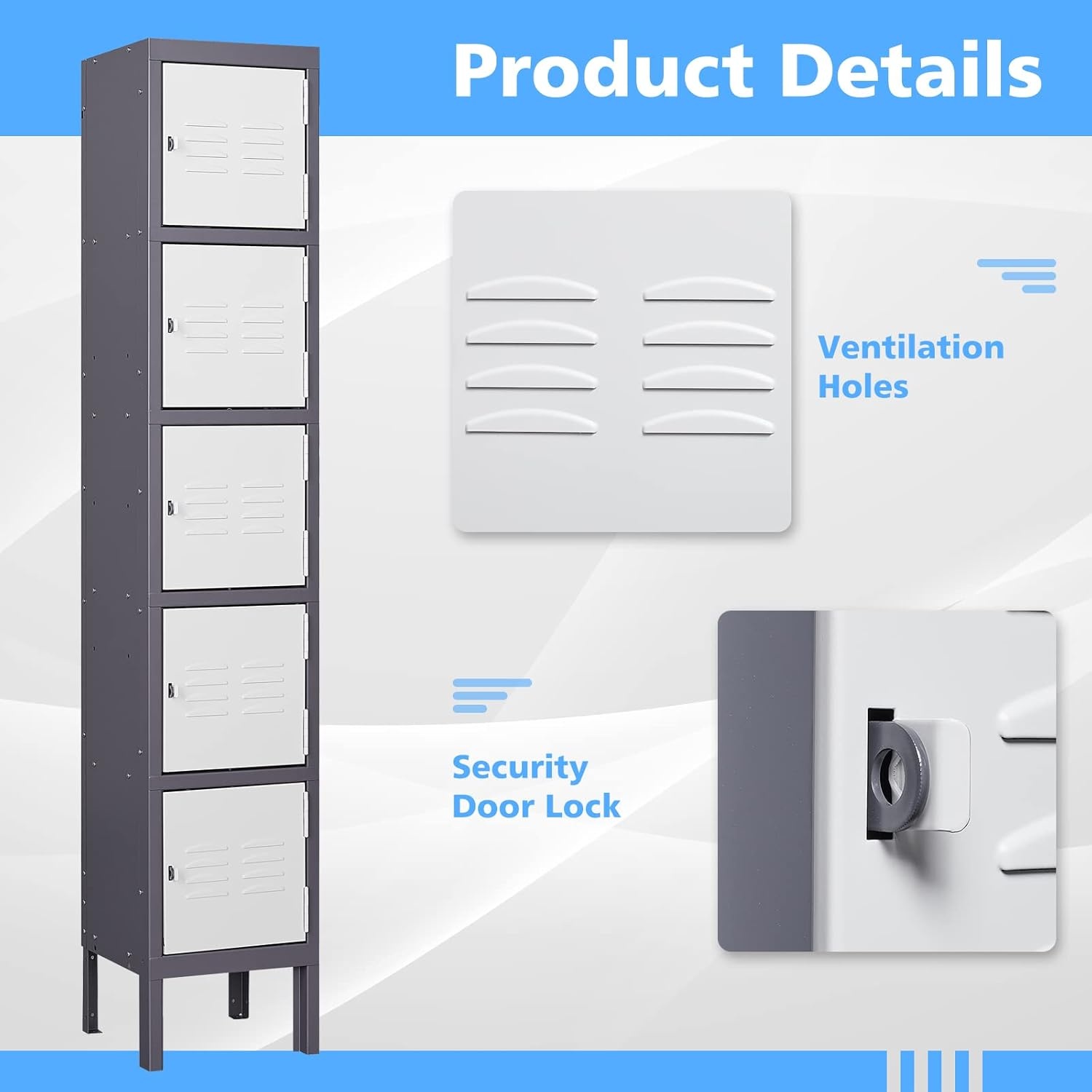 image:imageLetaya Storage Locker66 Employees Metal Cabinet 3 Door Lockable for School Gym Home Office StaffGrey White