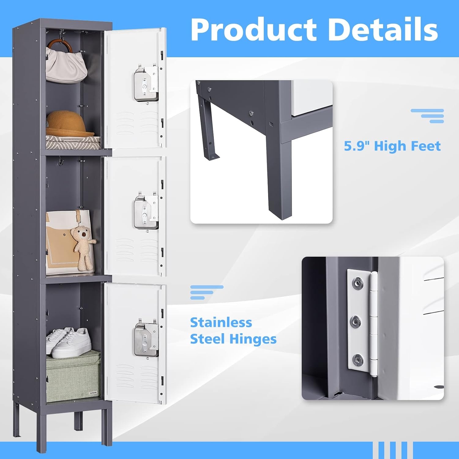 image:imageLetaya Storage Locker66 Employees Metal Cabinet 3 Door Lockable for School Gym Home Office StaffGrey White