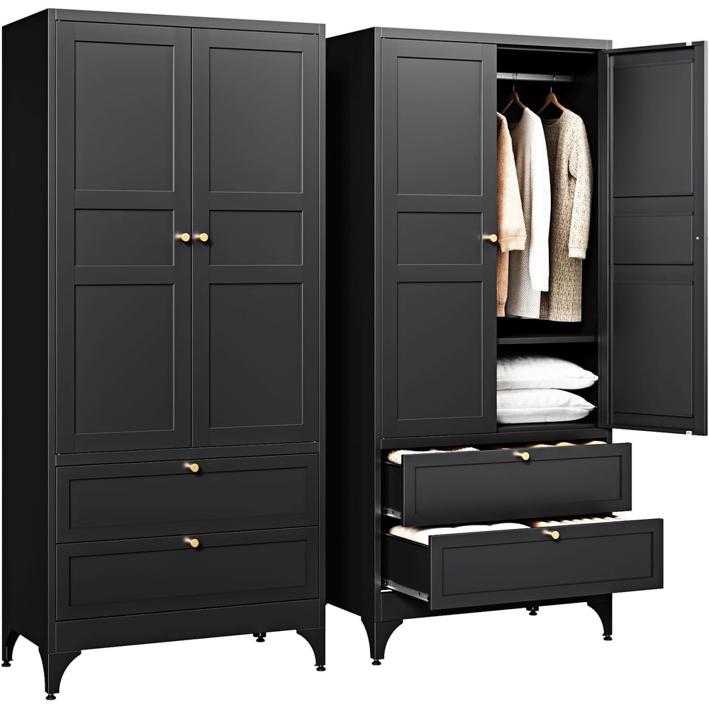 image:imageLetaya Metal Armoire Wardrobe Closet with 2 Drawers18 Deep Clothing Storage Cabinet with Doors and ShelvesCoat Closet with Hanging RodBedroomHomeCloak RoomWhiteBlack