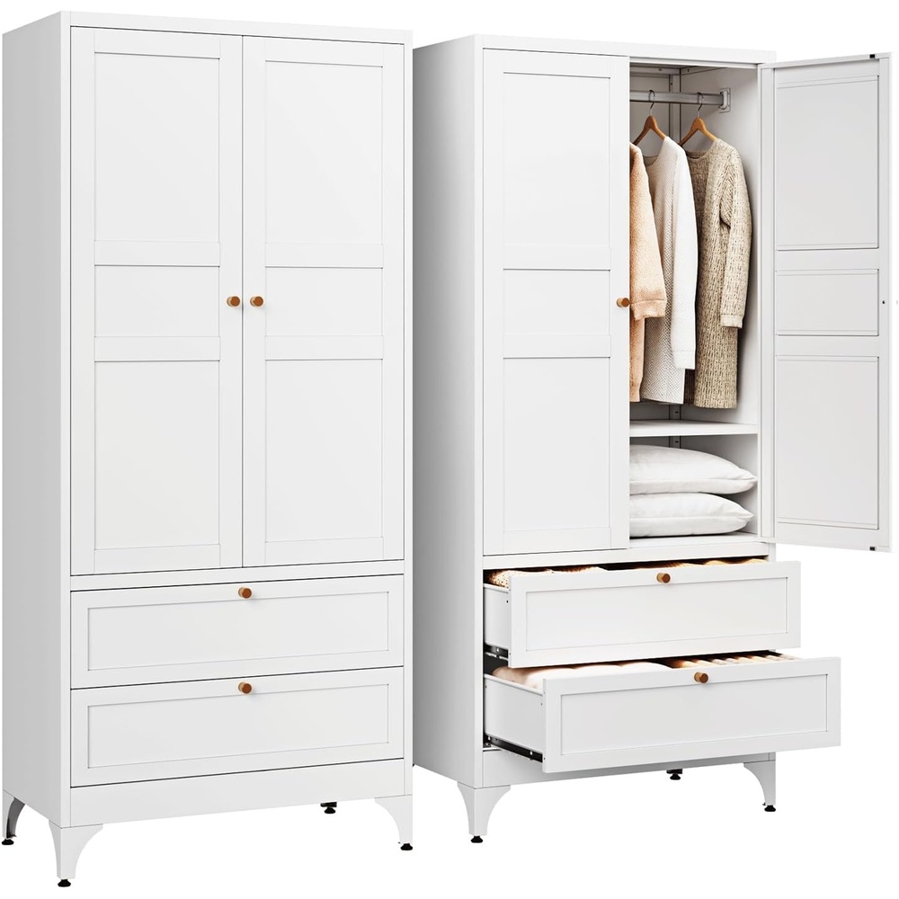 image:imageLetaya Metal Armoire Wardrobe Closet with 2 Drawers18 Deep Clothing Storage Cabinet with Doors and ShelvesCoat Closet with Hanging RodBedroomHomeCloak RoomWhiteWhite