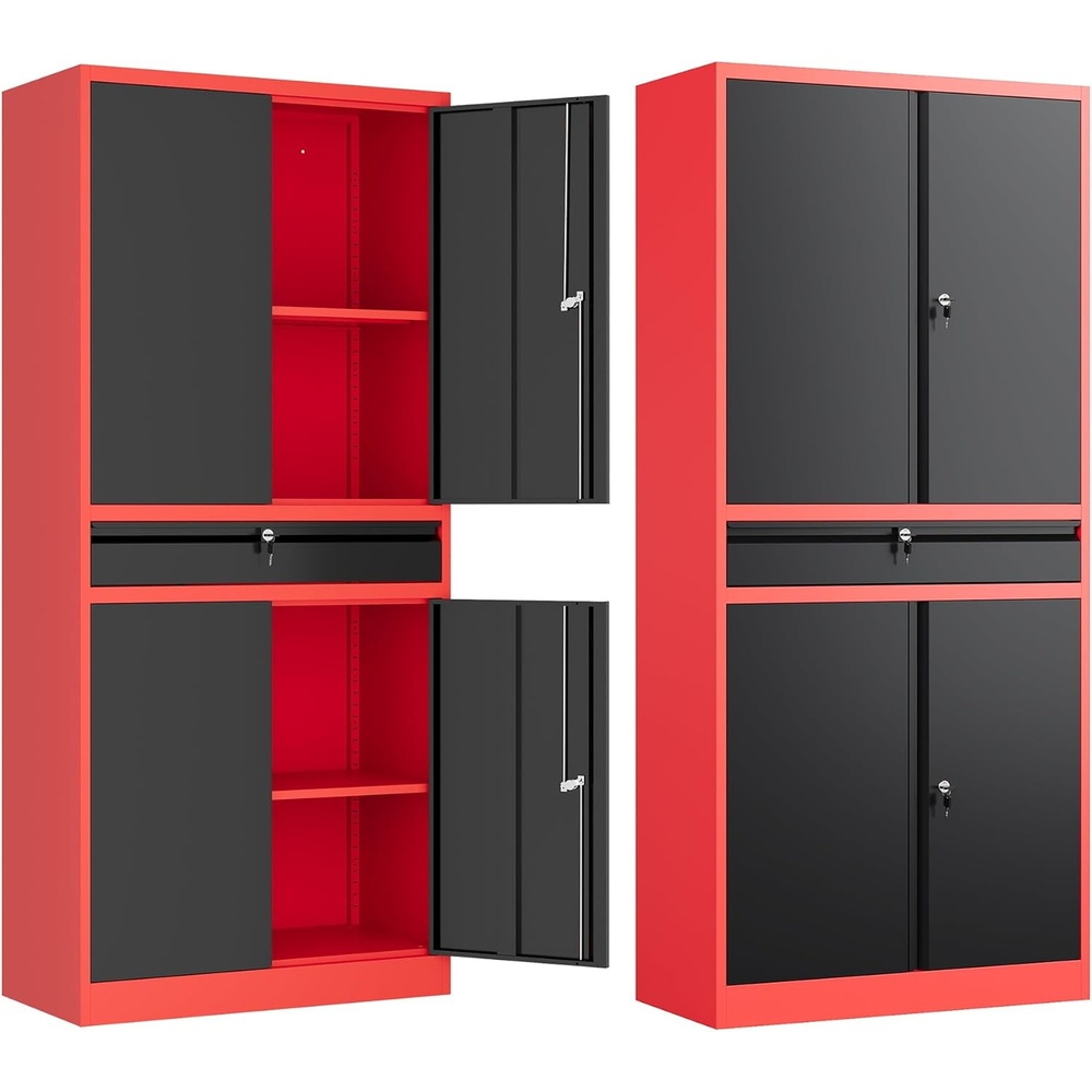 image:imageLetaya Metal Garage Storage Cabinet with Wheels72 Rolling Tool Cabinet with 4 Door LockAdjustable Shelves and Drawer for Garage Home Office Utility Room White with WheelsBlack Red