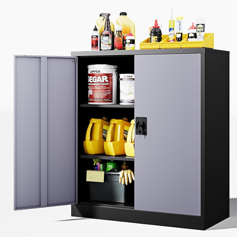 image:imageLetaya Metal Storage Cabinets with Lock Door2 Adjustable Shelves Organizer Steel Storage Cabinets for HomeOfficeWarehouseGarageEmployee LockersWhiteBlack Grey