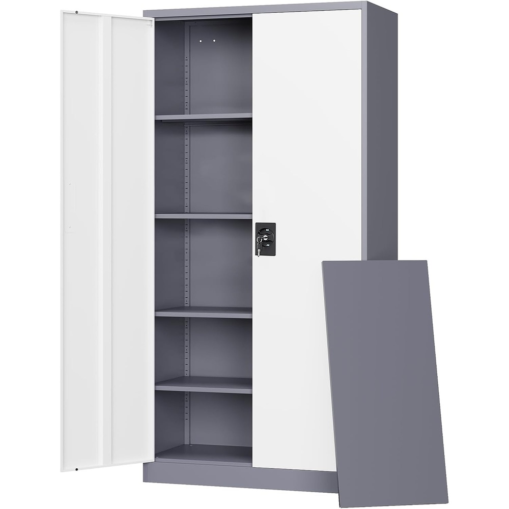 image:imageLetaya Metal Storage Cabinets with Lock Door2 Adjustable Shelves Organizer Steel Storage Cabinets for HomeOfficeWarehouseGarageEmployee LockersWhiteGrey White