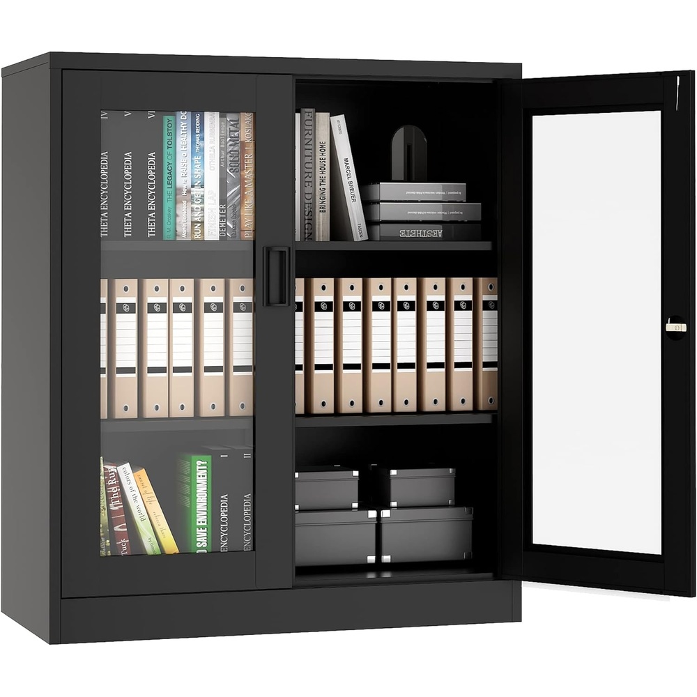 image:imageLetaya Storage Cabinet36 Steel Locker Lockable Glass Door2 Adjustable Shelf Organizer Pantry for Office FileHome 36BlackBlack