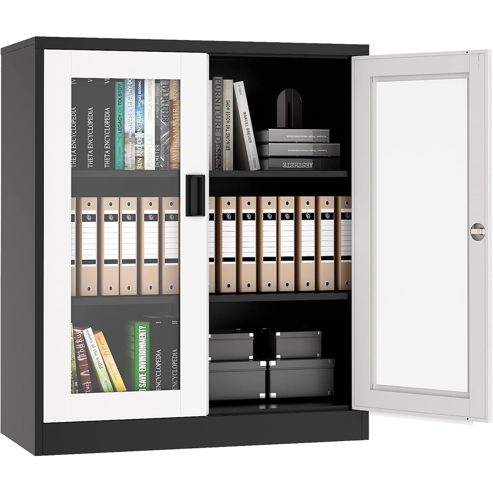 image:imageLetaya Storage Cabinet36 Steel Locker Lockable Glass Door2 Adjustable Shelf Organizer Pantry for Office FileHome 36BlackWhite
