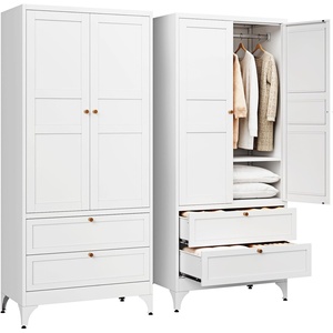 image:imageLetaya Metal Armoire Wardrobe Closet with 2 Drawers18 Deep Clothing Storage Cabinet with Doors and ShelvesCoat Closet with Hanging RodBedroomHomeCloak RoomWhiteWhite