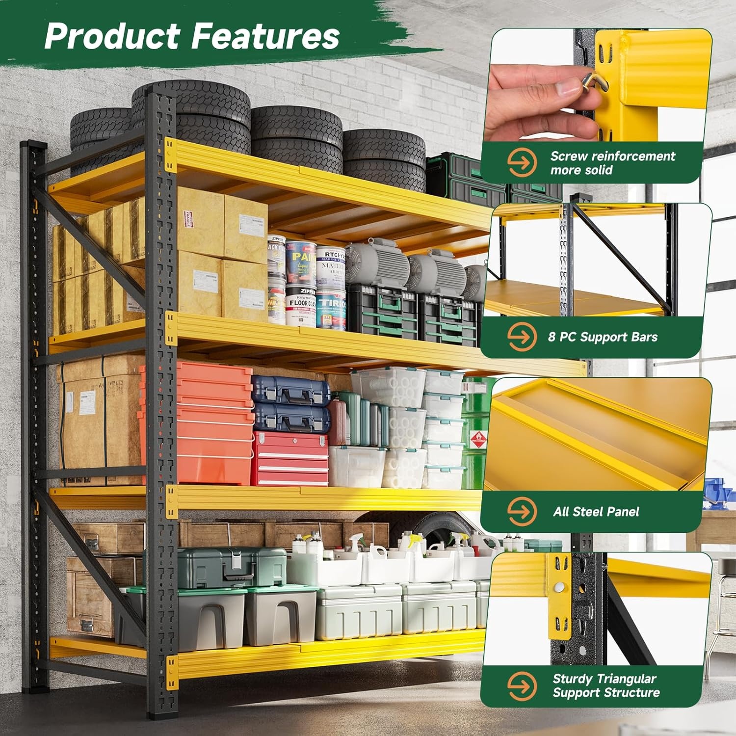 image:imageLetaya 3000LBS Storage Shelves Heavy Duty70 H Garage Shelving Units 4 Tier Adjustable Utility Rack ShelfLarge Metal Industrial Shelvesfor ShopWarehouseBasementBlack 48 W x 24 D x 70 HBlack Yellow