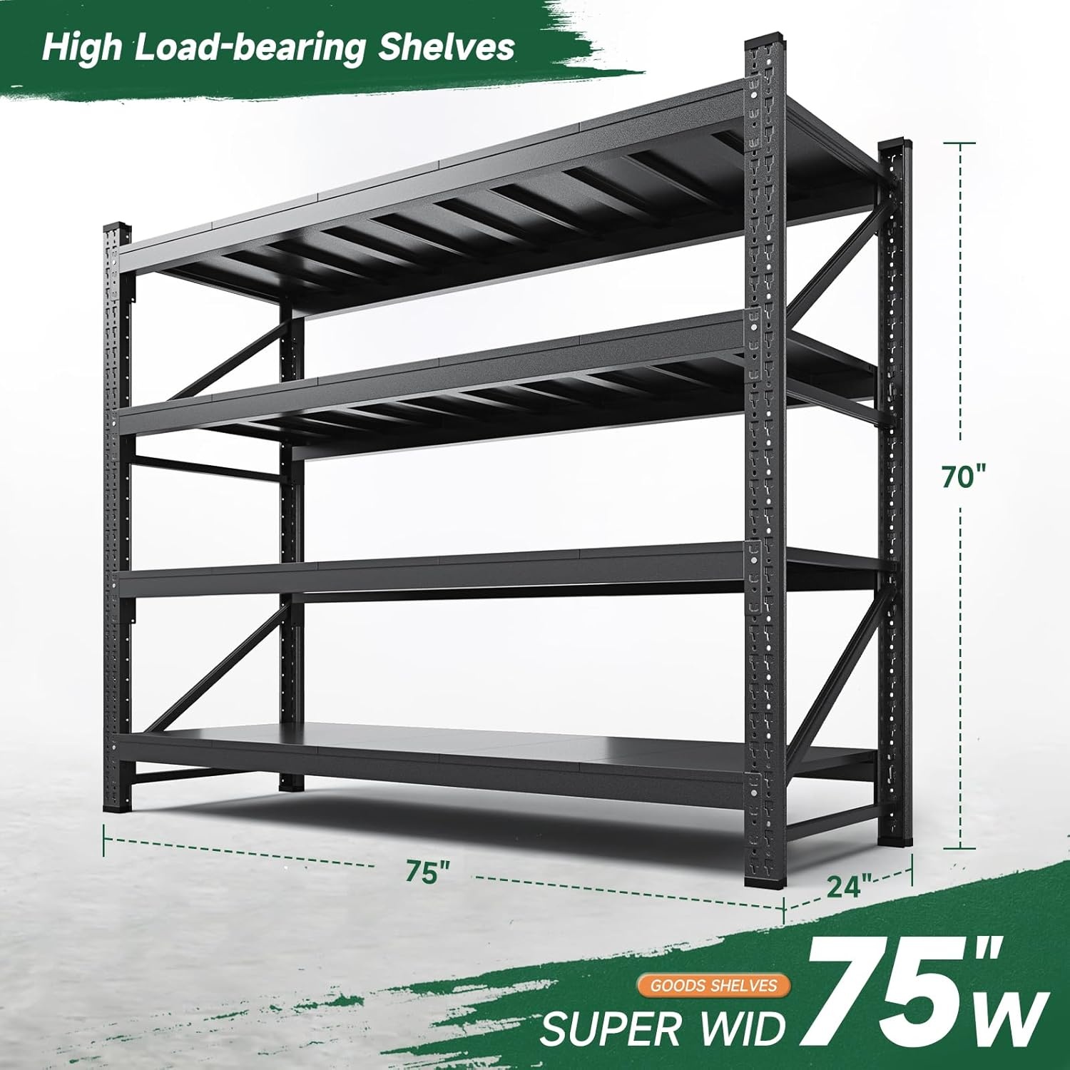 image:imageLetaya 3000LBS Storage Shelves Heavy Duty70 H Garage Shelving Units 4 Tier Adjustable Utility Rack ShelfLarge Metal Industrial Shelvesfor ShopWarehouseBasementBlack 48 W x 24 D x 70 HBlack