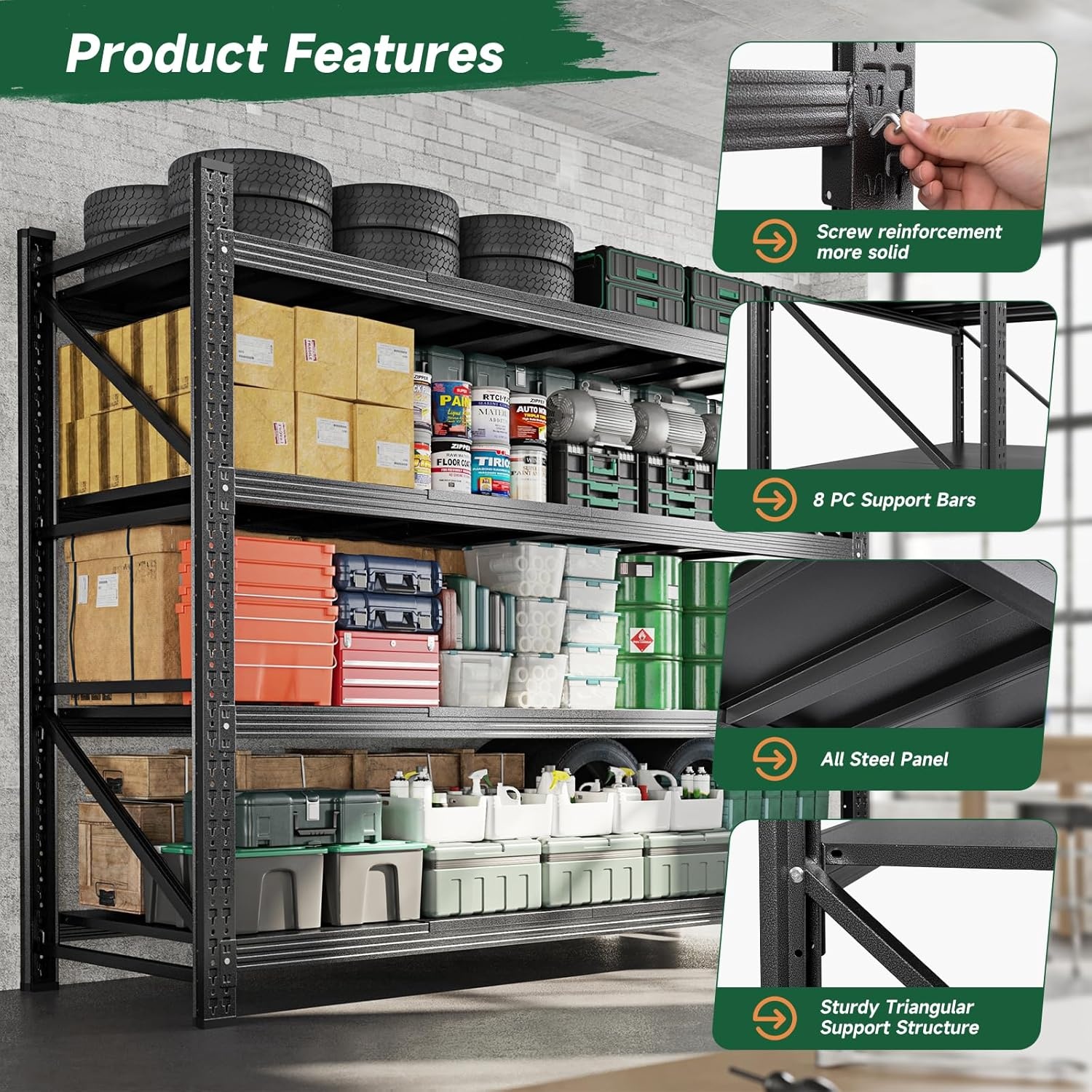 image:imageLetaya 3000LBS Storage Shelves Heavy Duty70 H Garage Shelving Units 4 Tier Adjustable Utility Rack ShelfLarge Metal Industrial Shelvesfor ShopWarehouseBasementBlack 48 W x 24 D x 70 HBlack
