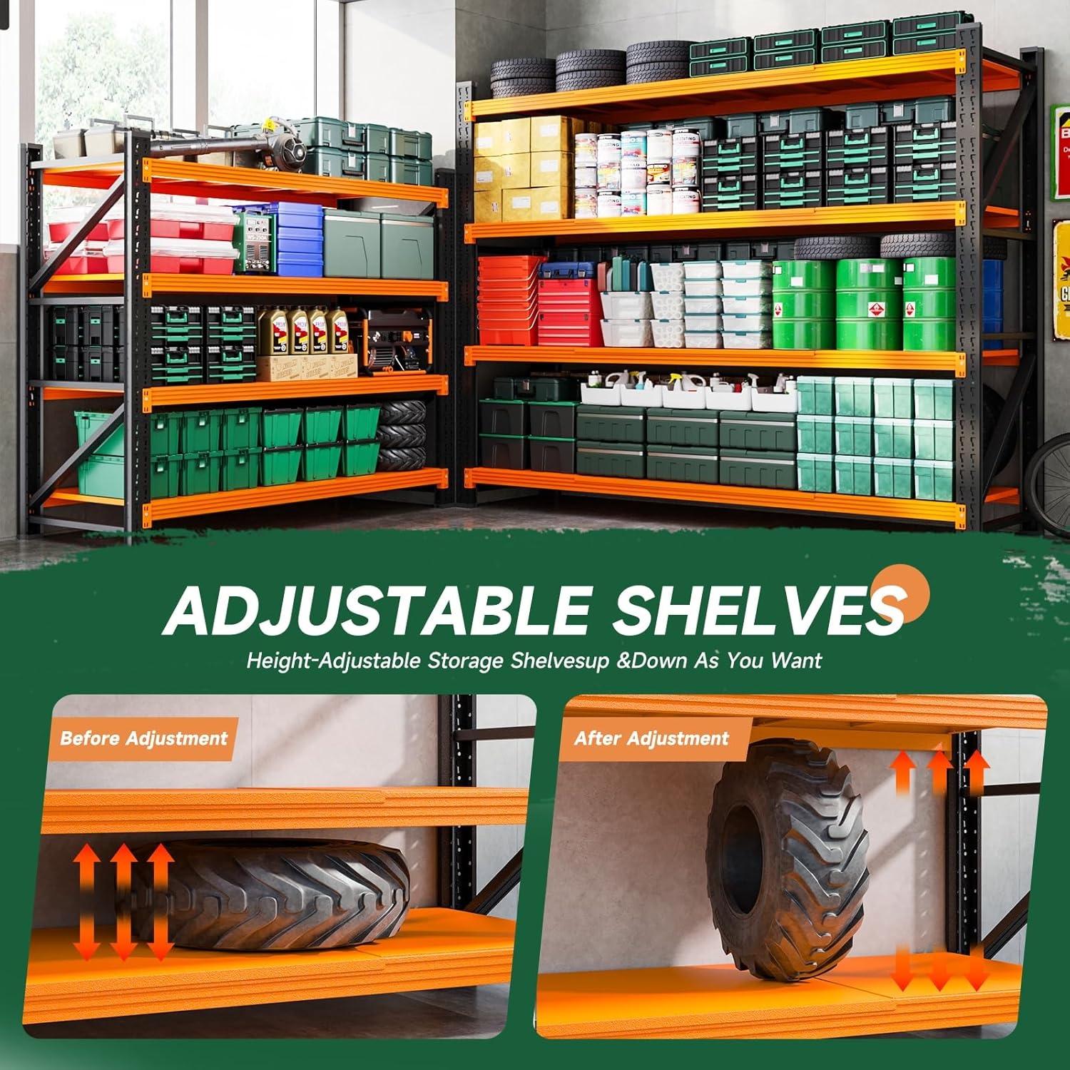 image:imageLetaya 3000LBS Storage Shelves Heavy Duty70 H Garage Shelving Units 4 Tier Adjustable Utility Rack ShelfLarge Metal Industrial Shelvesfor ShopWarehouseBasementBlack 48 W x 24 D x 70 HBlack Orange