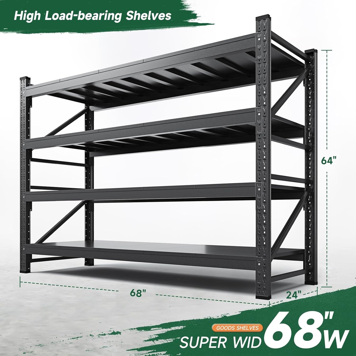 image:imageLetaya 3000LBS Storage Shelves Heavy Duty70 H Garage Shelving Units 4 Tier Adjustable Utility Rack ShelfLarge Metal Industrial Shelvesfor ShopWarehouseBasementBlack 48 W x 24 D x 70 HBlack