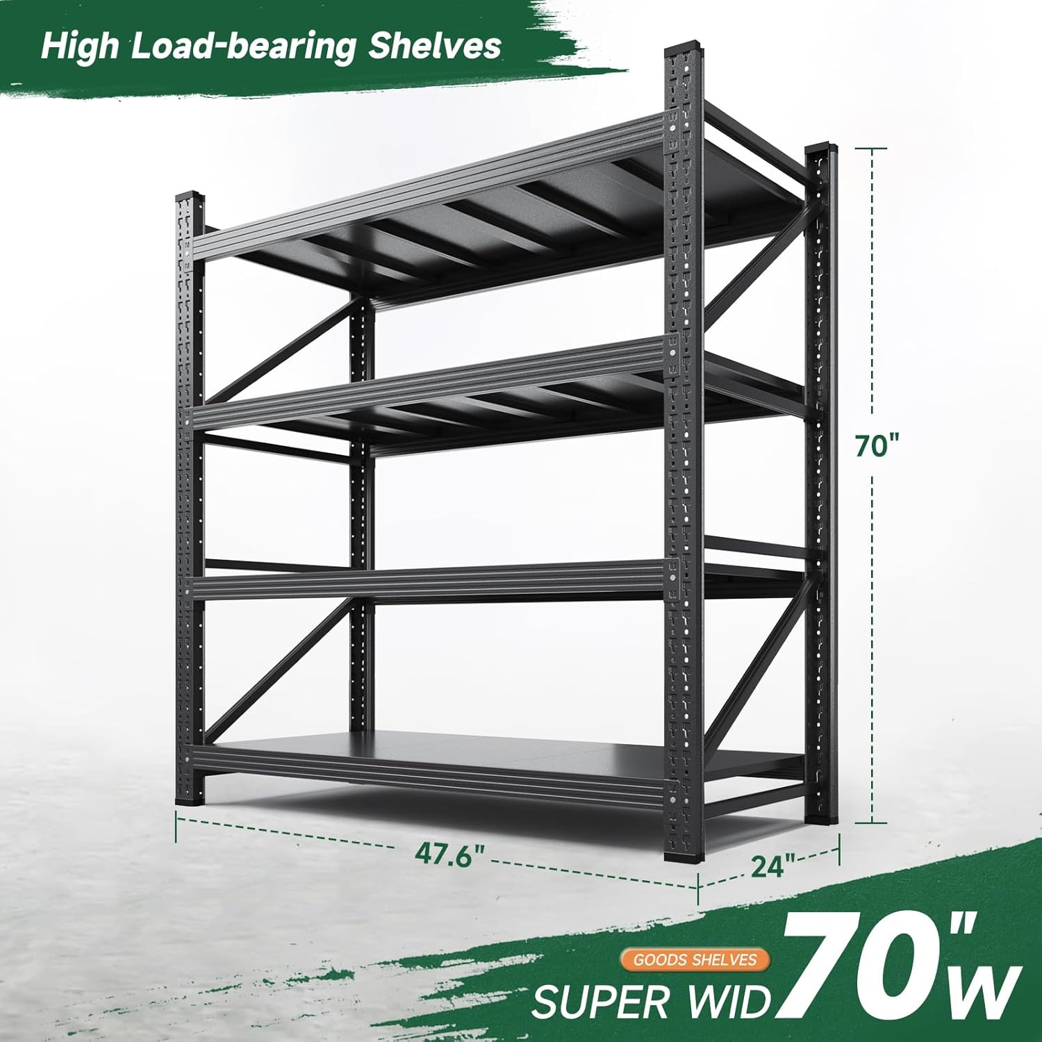 image:imageLetaya 3000LBS Storage Shelves Heavy Duty70 H Garage Shelving Units 4 Tier Adjustable Utility Rack ShelfLarge Metal Industrial Shelvesfor ShopWarehouseBasementBlack 48 W x 24 D x 70 HBlack