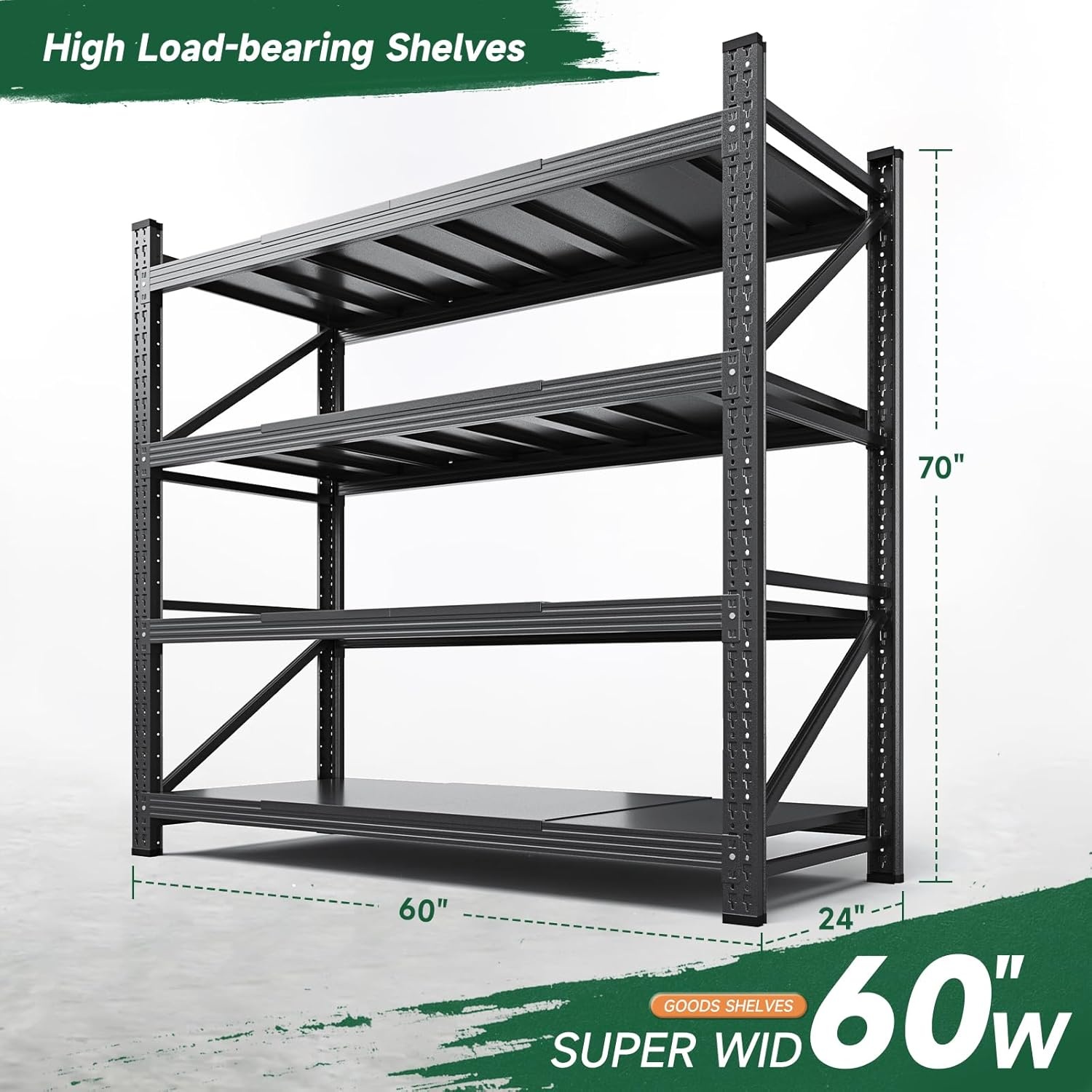 image:imageLetaya 3000LBS Storage Shelves Heavy Duty70 H Garage Shelving Units 4 Tier Adjustable Utility Rack ShelfLarge Metal Industrial Shelvesfor ShopWarehouseBasementBlack 48 W x 24 D x 70 HBlack