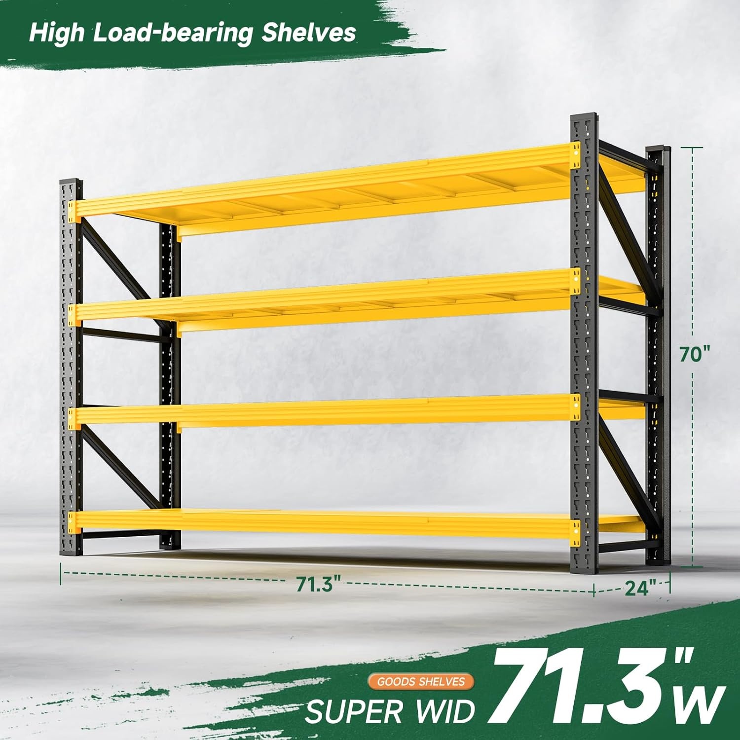 image:imageLetaya 3000LBS Storage Shelves Heavy Duty70 H Garage Shelving Units 4 Tier Adjustable Utility Rack ShelfLarge Metal Industrial Shelvesfor ShopWarehouseBasementBlack 48 W x 24 D x 70 HBlack Yellow