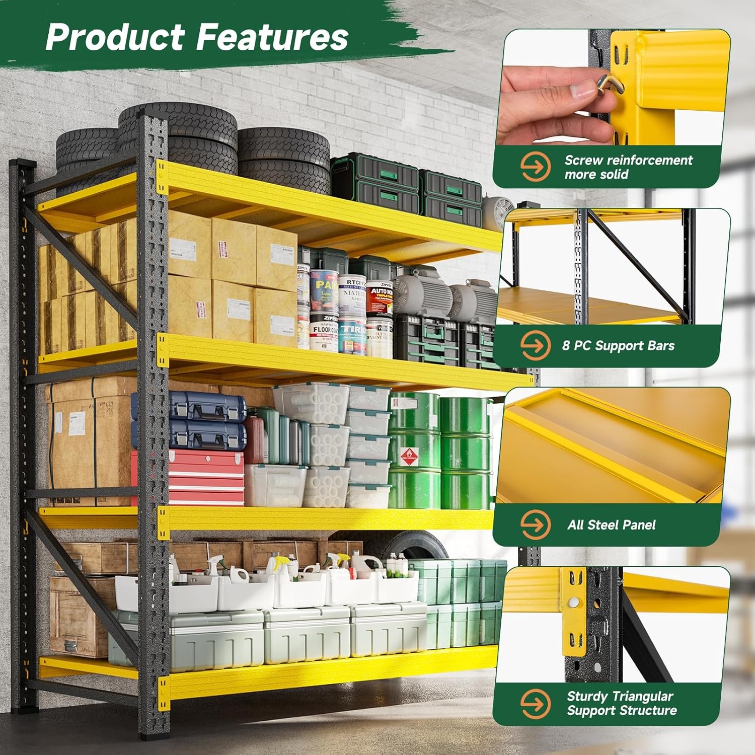 image:imageLetaya 3000LBS Storage Shelves Heavy Duty70 H Garage Shelving Units 4 Tier Adjustable Utility Rack ShelfLarge Metal Industrial Shelvesfor ShopWarehouseBasementBlack 48 W x 24 D x 70 HBlack Yellow