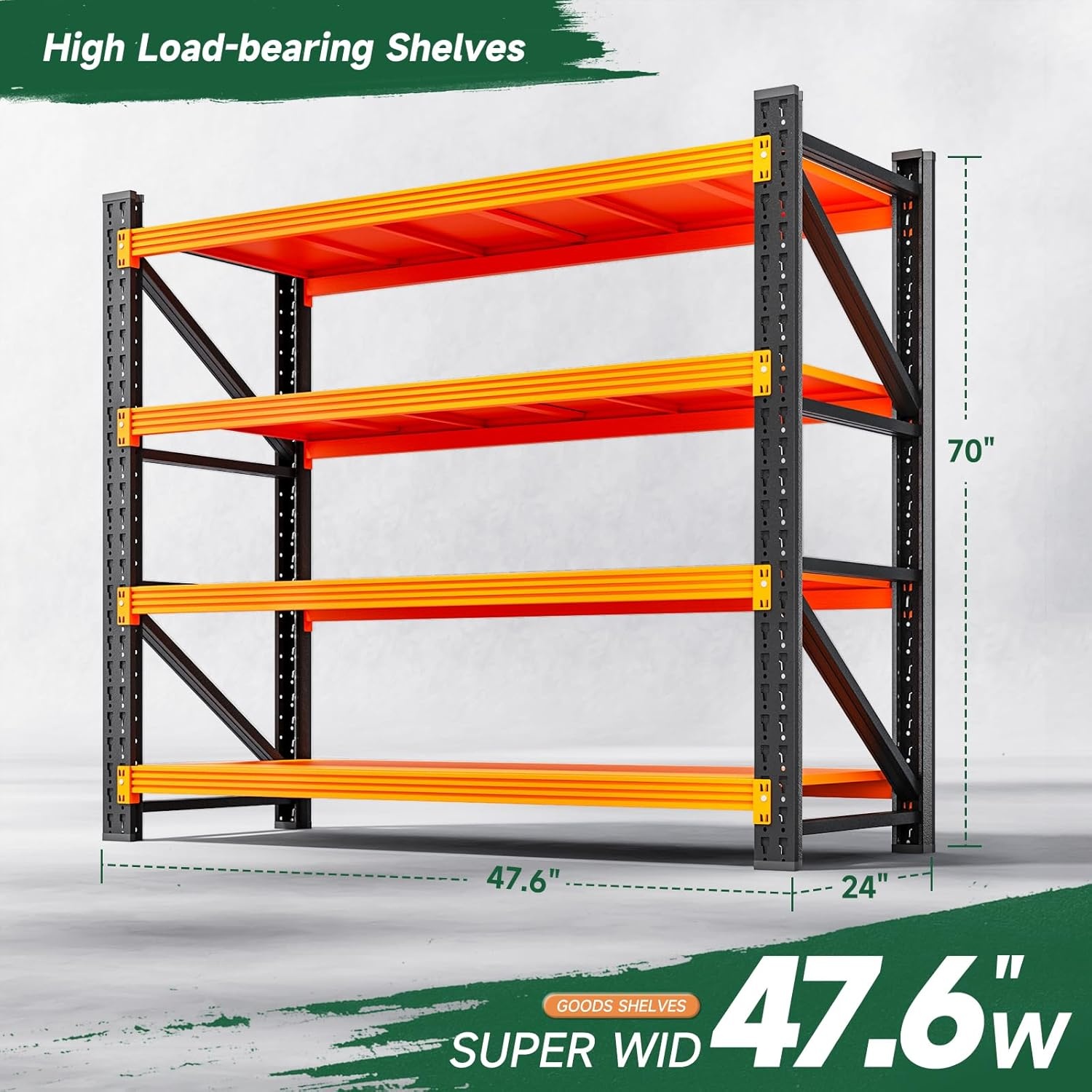 image:imageLetaya 3000LBS Storage Shelves Heavy Duty70 H Garage Shelving Units 4 Tier Adjustable Utility Rack ShelfLarge Metal Industrial Shelvesfor ShopWarehouseBasementBlack 48 W x 24 D x 70 HBlack Orange