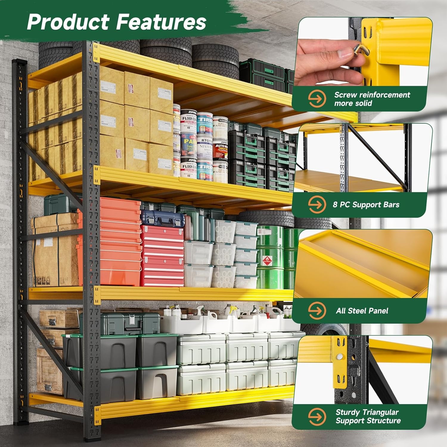 image:imageLetaya 3000LBS Storage Shelves Heavy Duty70 H Garage Shelving Units 4 Tier Adjustable Utility Rack ShelfLarge Metal Industrial Shelvesfor ShopWarehouseBasementBlack 48 W x 24 D x 70 HBlack Yellow