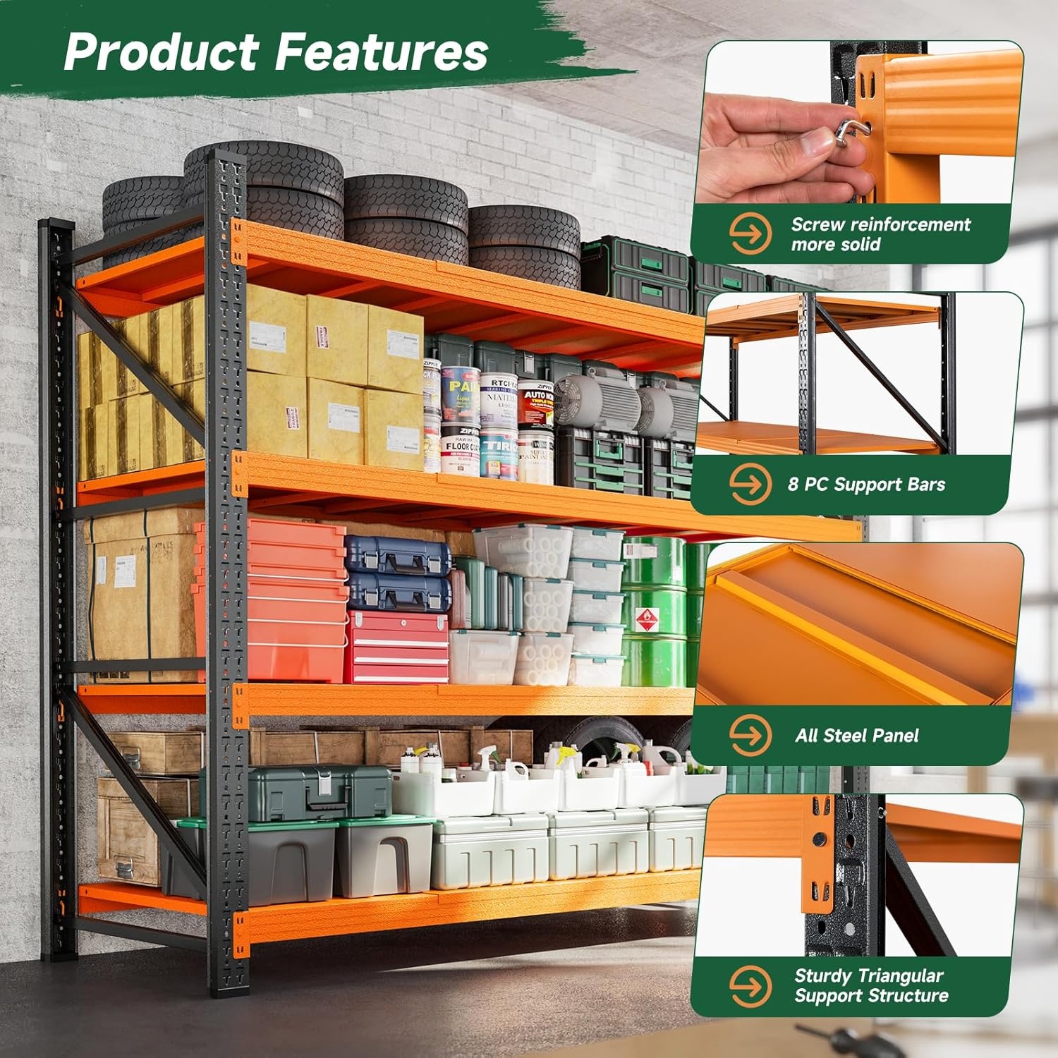 image:imageLetaya 3000LBS Storage Shelves Heavy Duty70 H Garage Shelving Units 4 Tier Adjustable Utility Rack ShelfLarge Metal Industrial Shelvesfor ShopWarehouseBasementBlack 48 W x 24 D x 70 HBlack Orange