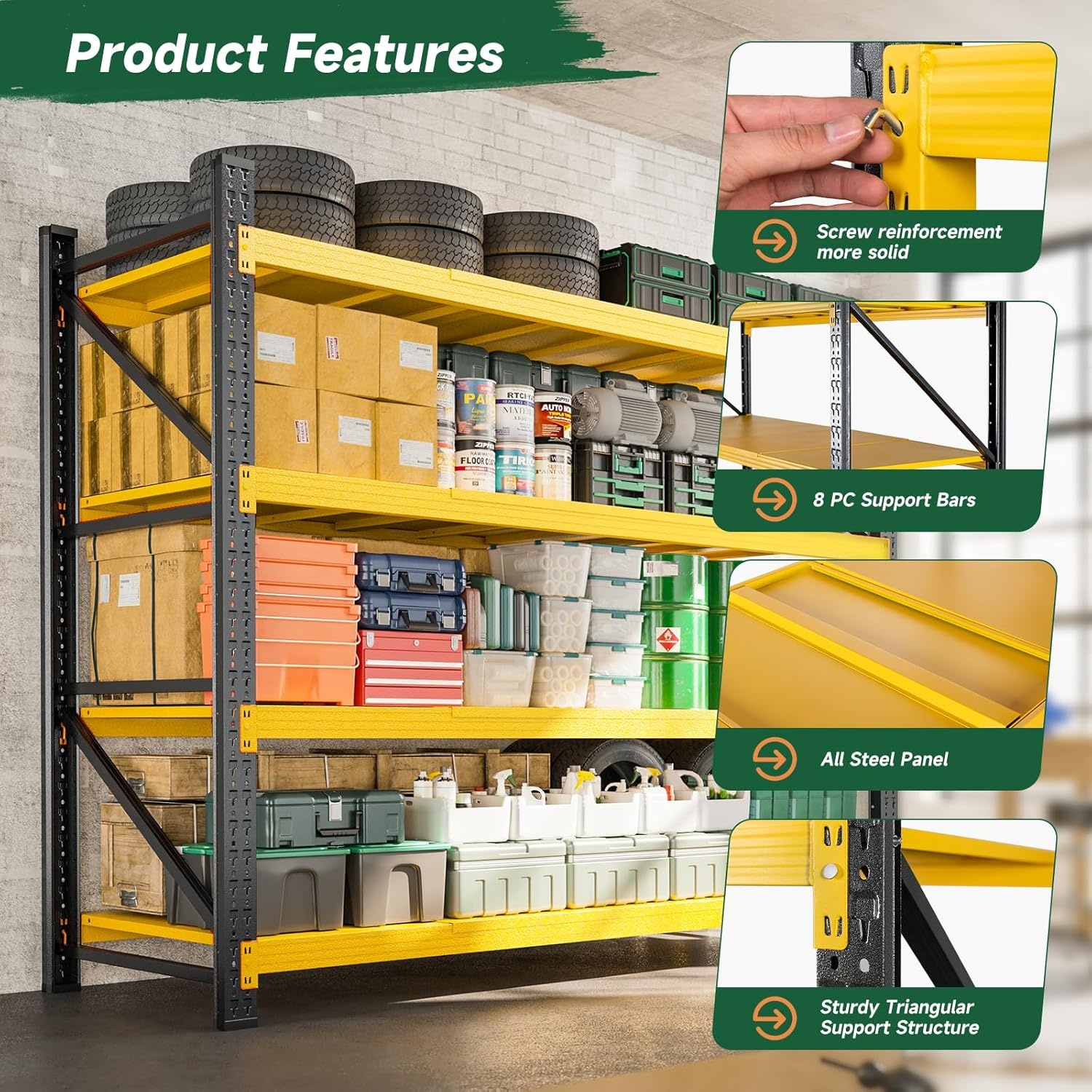 image:imageLetaya 3000LBS Storage Shelves Heavy Duty70 H Garage Shelving Units 4 Tier Adjustable Utility Rack ShelfLarge Metal Industrial Shelvesfor ShopWarehouseBasementBlack 48 W x 24 D x 70 HBlack Yellow