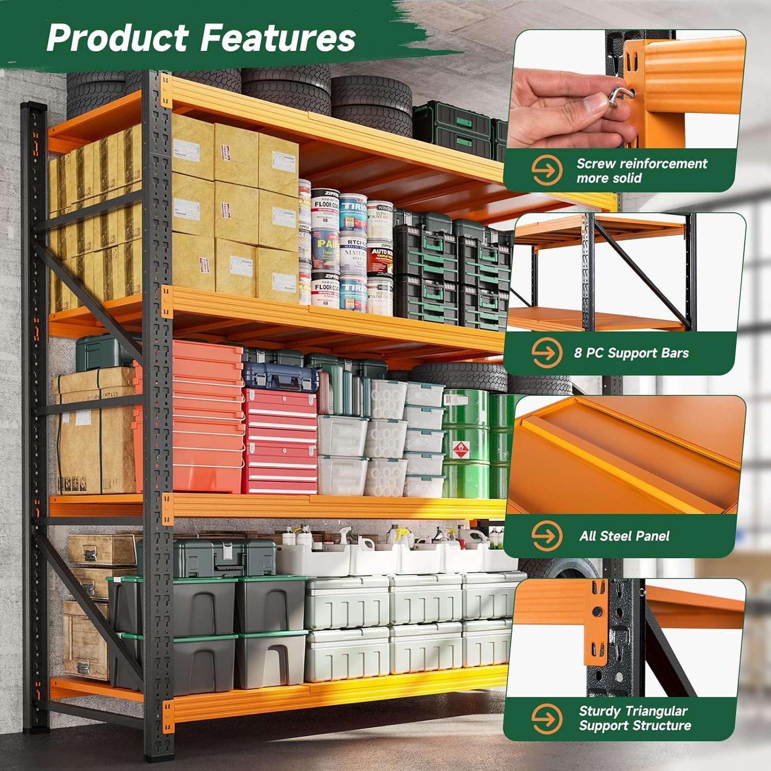 image:imageLetaya 3000LBS Storage Shelves Heavy Duty70 H Garage Shelving Units 4 Tier Adjustable Utility Rack ShelfLarge Metal Industrial Shelvesfor ShopWarehouseBasementBlack 48 W x 24 D x 70 HBlack Orange