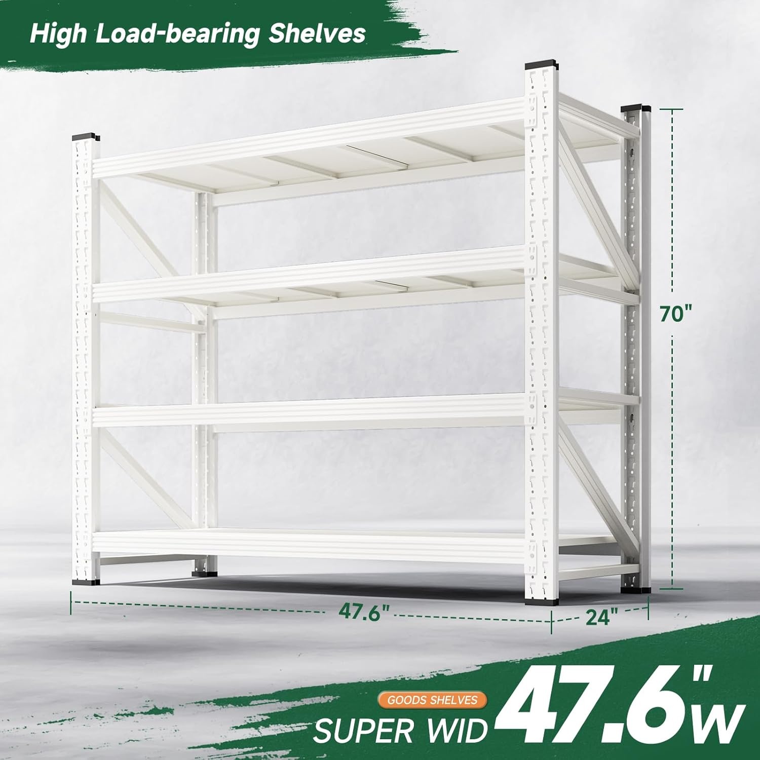 image:imageLetaya 3000LBS Storage Shelves Heavy Duty70 H Garage Shelving Units 4 Tier Adjustable Utility Rack ShelfLarge Metal Industrial Shelvesfor ShopWarehouseBasementBlack 48 W x 24 D x 70 HWhite