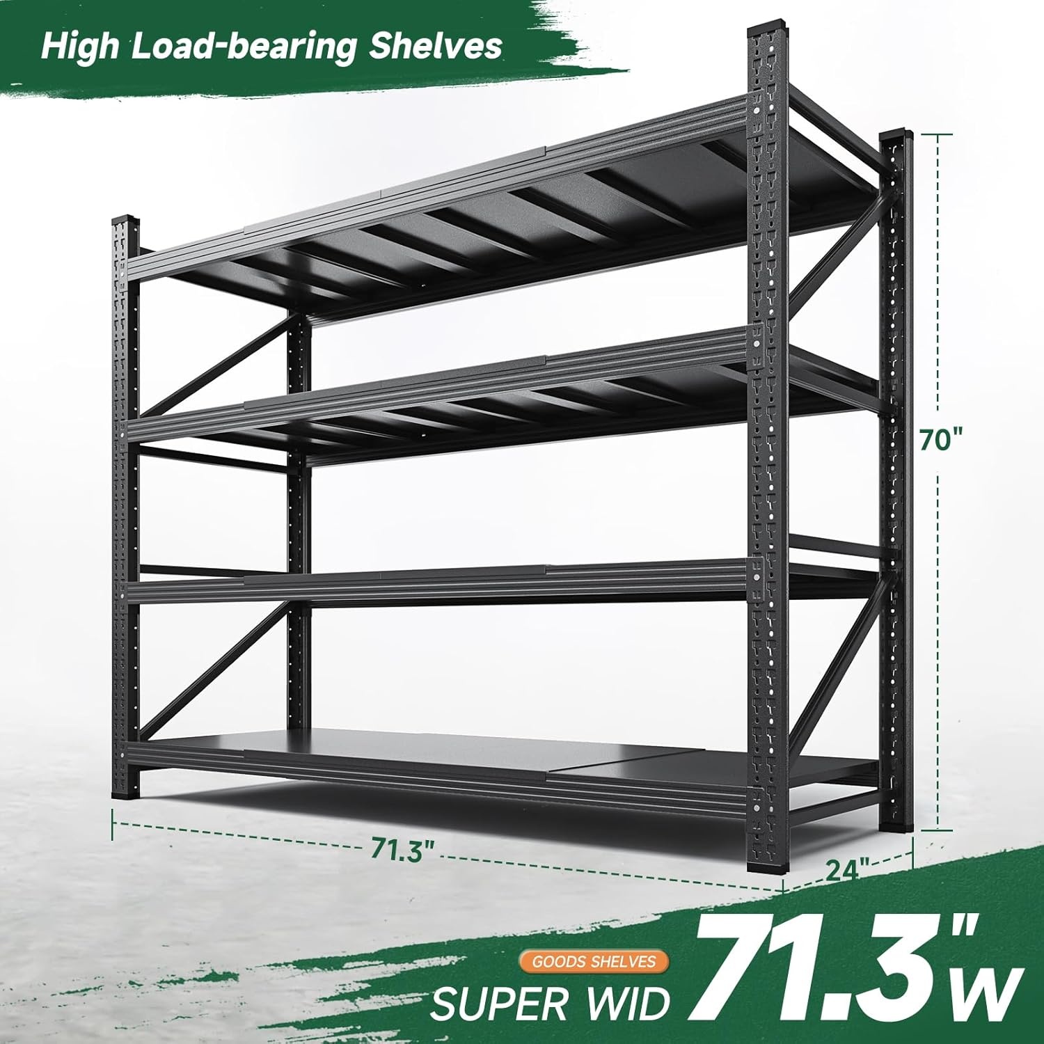 image:imageLetaya 3000LBS Storage Shelves Heavy Duty70 H Garage Shelving Units 4 Tier Adjustable Utility Rack ShelfLarge Metal Industrial Shelvesfor ShopWarehouseBasementBlack 48 W x 24 D x 70 HBlack