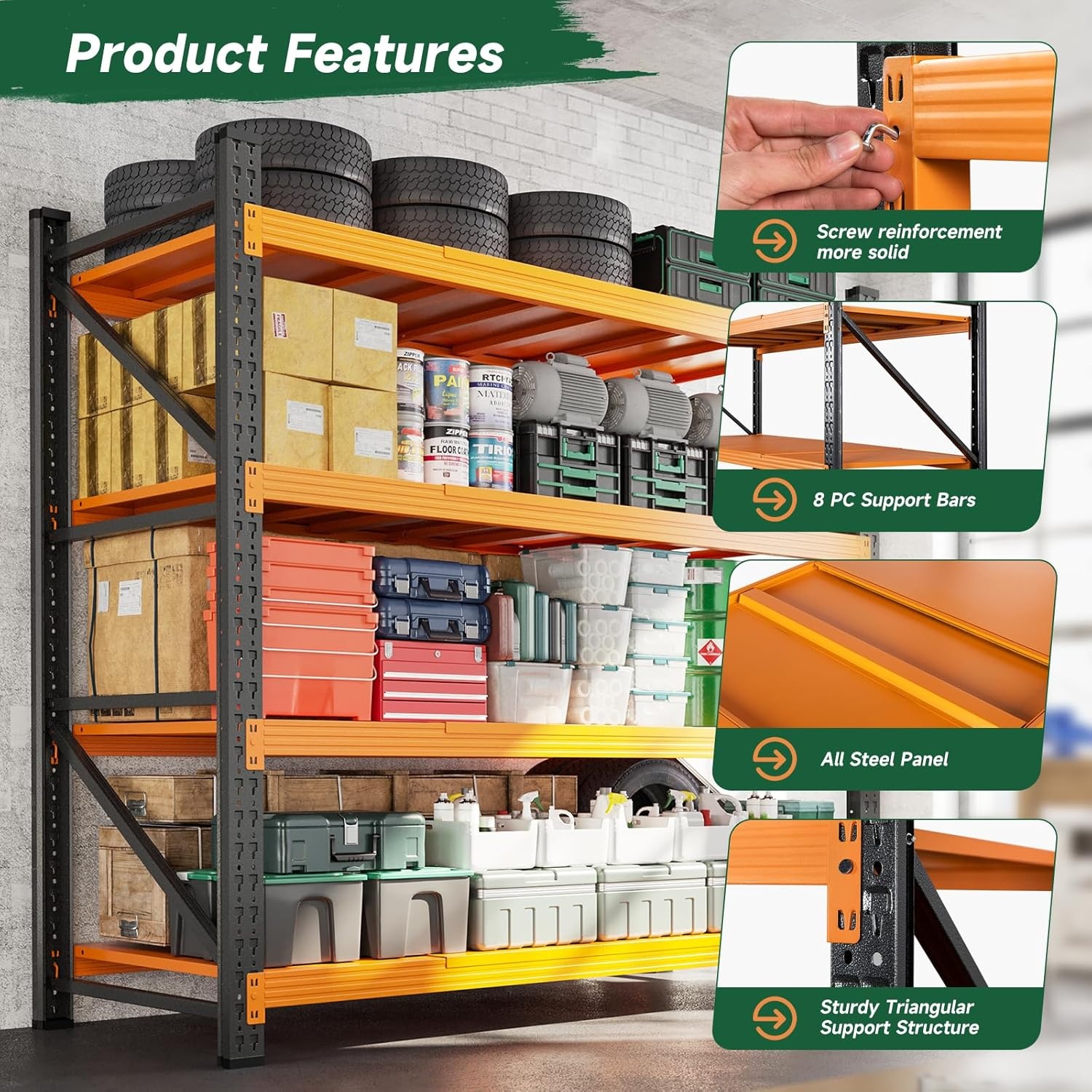 image:imageLetaya 3000LBS Storage Shelves Heavy Duty70 H Garage Shelving Units 4 Tier Adjustable Utility Rack ShelfLarge Metal Industrial Shelvesfor ShopWarehouseBasementBlack 48 W x 24 D x 70 HBlack Orange