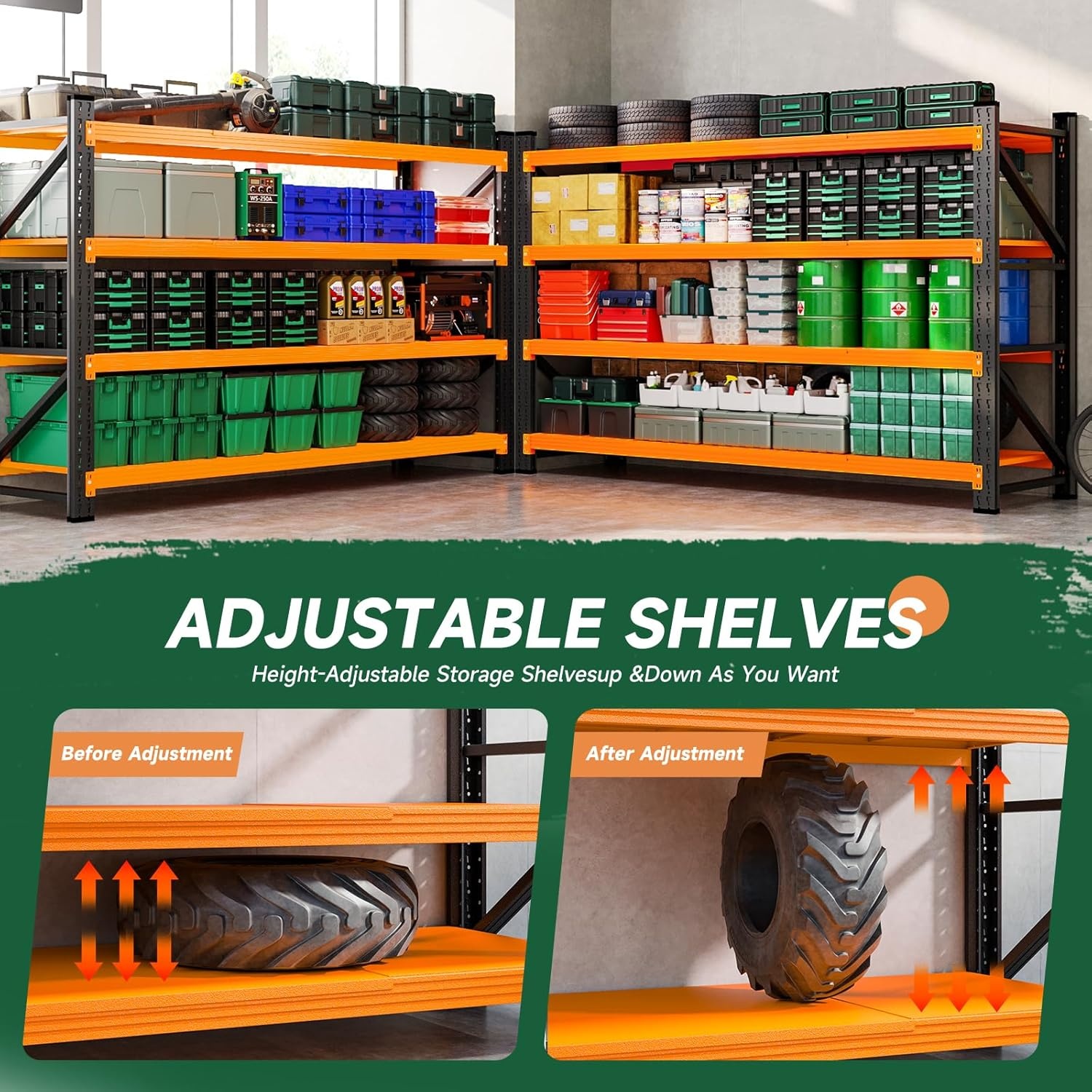 image:imageLetaya 3000LBS Storage Shelves Heavy Duty70 H Garage Shelving Units 4 Tier Adjustable Utility Rack ShelfLarge Metal Industrial Shelvesfor ShopWarehouseBasementBlack 48 W x 24 D x 70 HBlack Orange