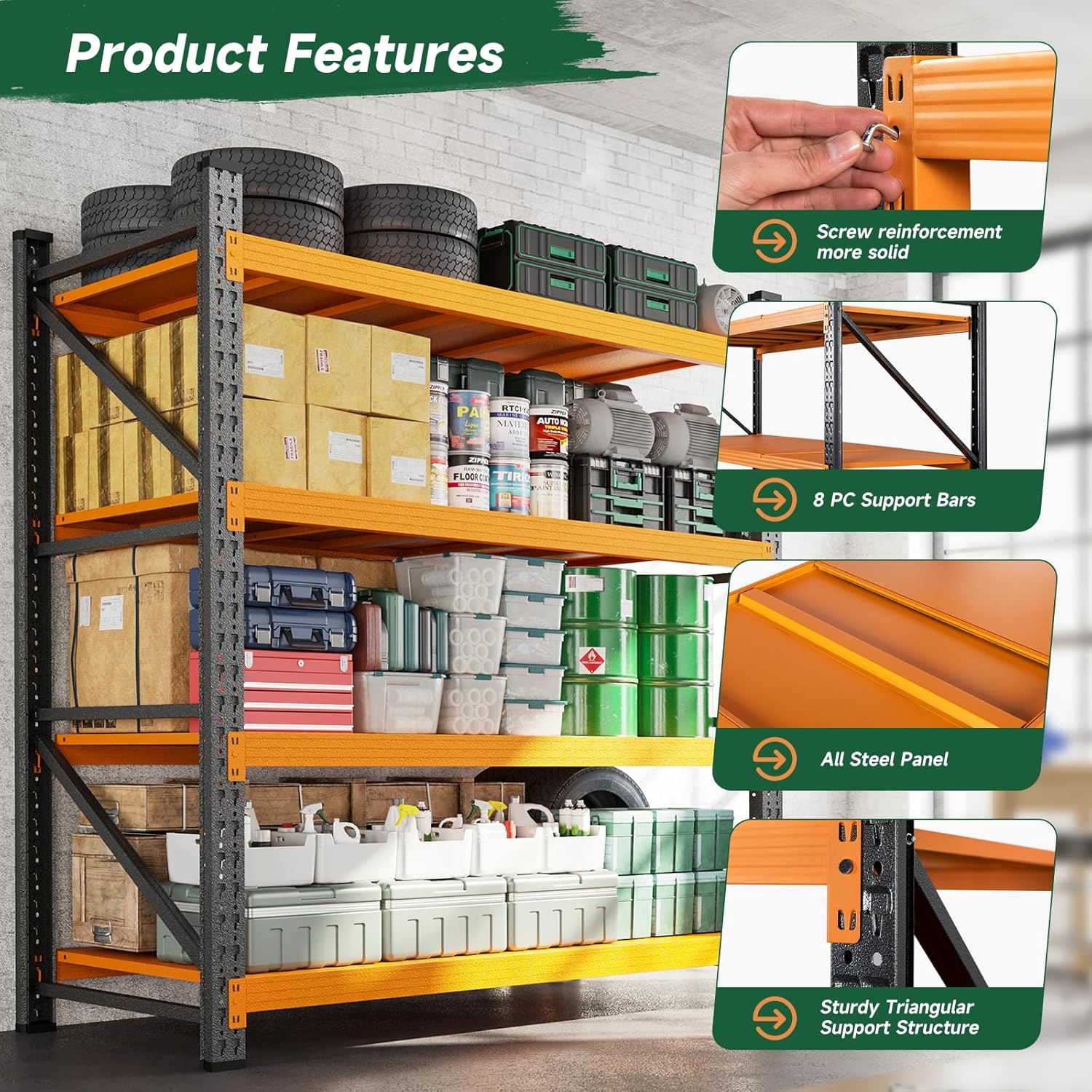 image:imageLetaya 3000LBS Storage Shelves Heavy Duty70 H Garage Shelving Units 4 Tier Adjustable Utility Rack ShelfLarge Metal Industrial Shelvesfor ShopWarehouseBasementBlack 48 W x 24 D x 70 HBlack Orange