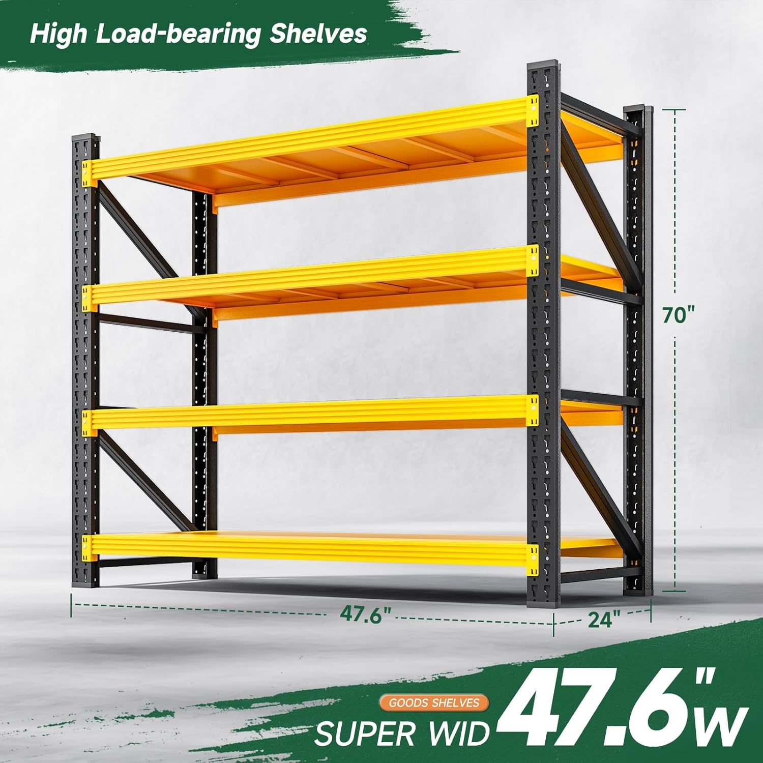 image:imageLetaya 3000LBS Storage Shelves Heavy Duty70 H Garage Shelving Units 4 Tier Adjustable Utility Rack ShelfLarge Metal Industrial Shelvesfor ShopWarehouseBasementBlack 48 W x 24 D x 70 HBlack Yellow