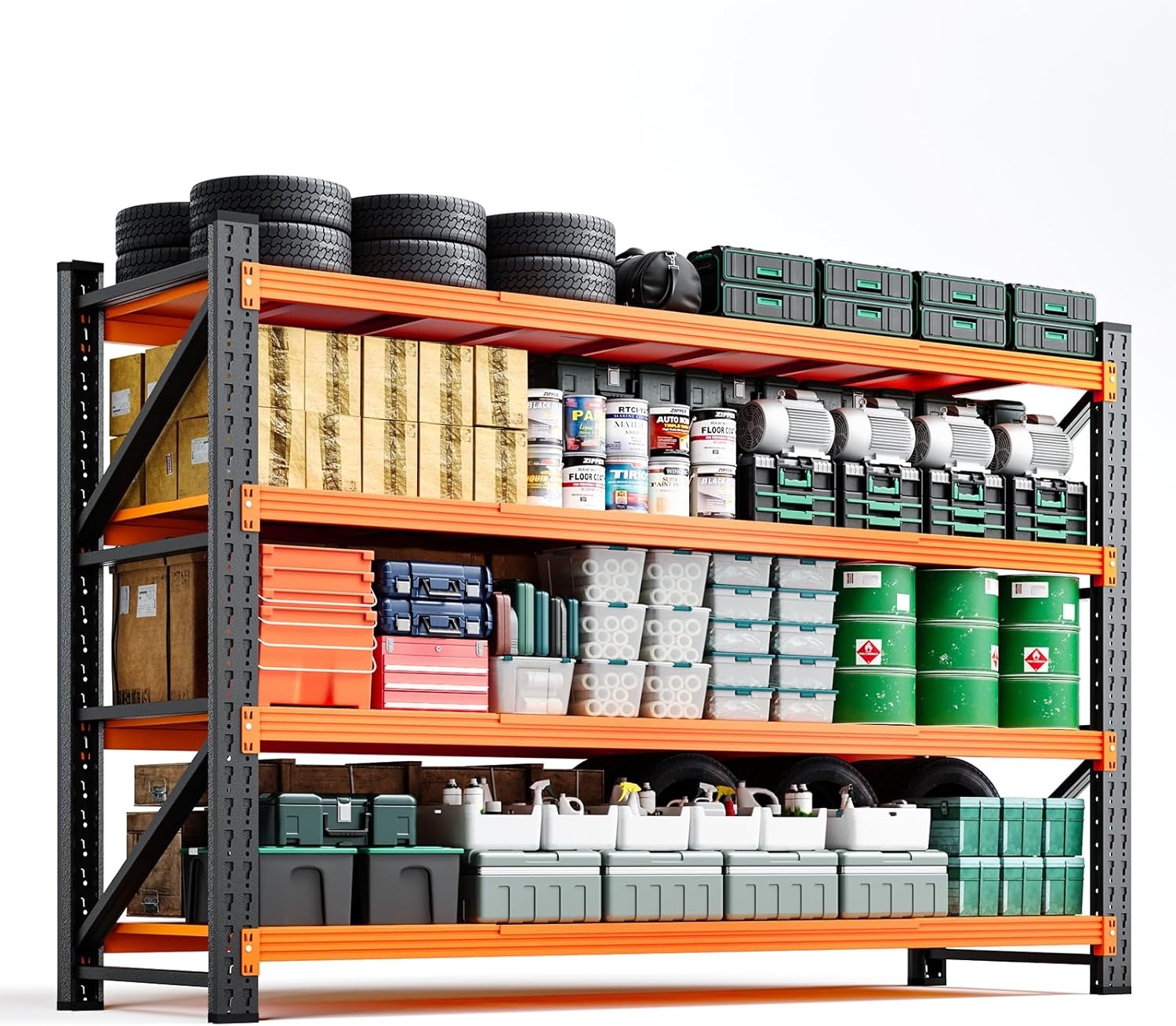 image:imageLetaya 3000LBS Storage Shelves Heavy Duty70 H Garage Shelving Units 4 Tier Adjustable Utility Rack ShelfLarge Metal Industrial Shelvesfor ShopWarehouseBasementBlack 48 W x 24 D x 70 HBlack Orange