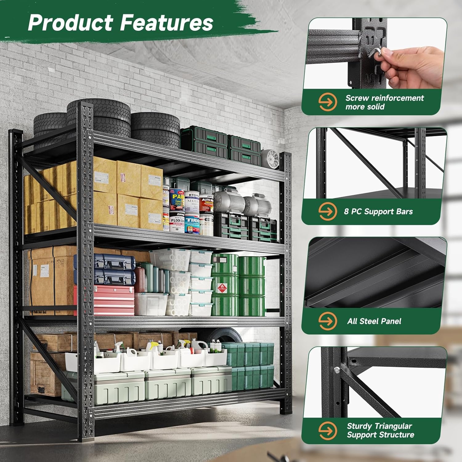 image:imageLetaya 3000LBS Storage Shelves Heavy Duty70 H Garage Shelving Units 4 Tier Adjustable Utility Rack ShelfLarge Metal Industrial Shelvesfor ShopWarehouseBasementBlack 48 W x 24 D x 70 HBlack
