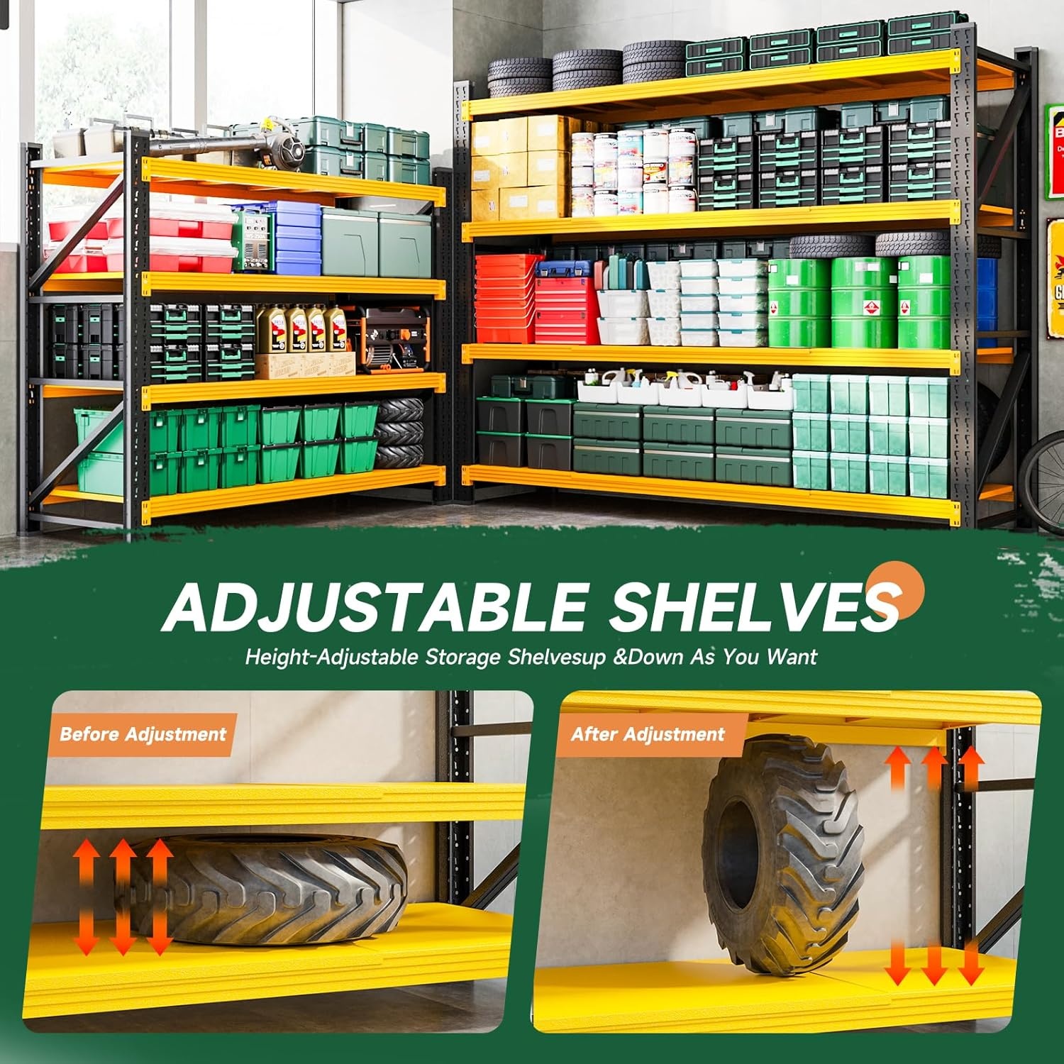 image:imageLetaya 3000LBS Storage Shelves Heavy Duty70 H Garage Shelving Units 4 Tier Adjustable Utility Rack ShelfLarge Metal Industrial Shelvesfor ShopWarehouseBasementBlack 48 W x 24 D x 70 HBlack Yellow