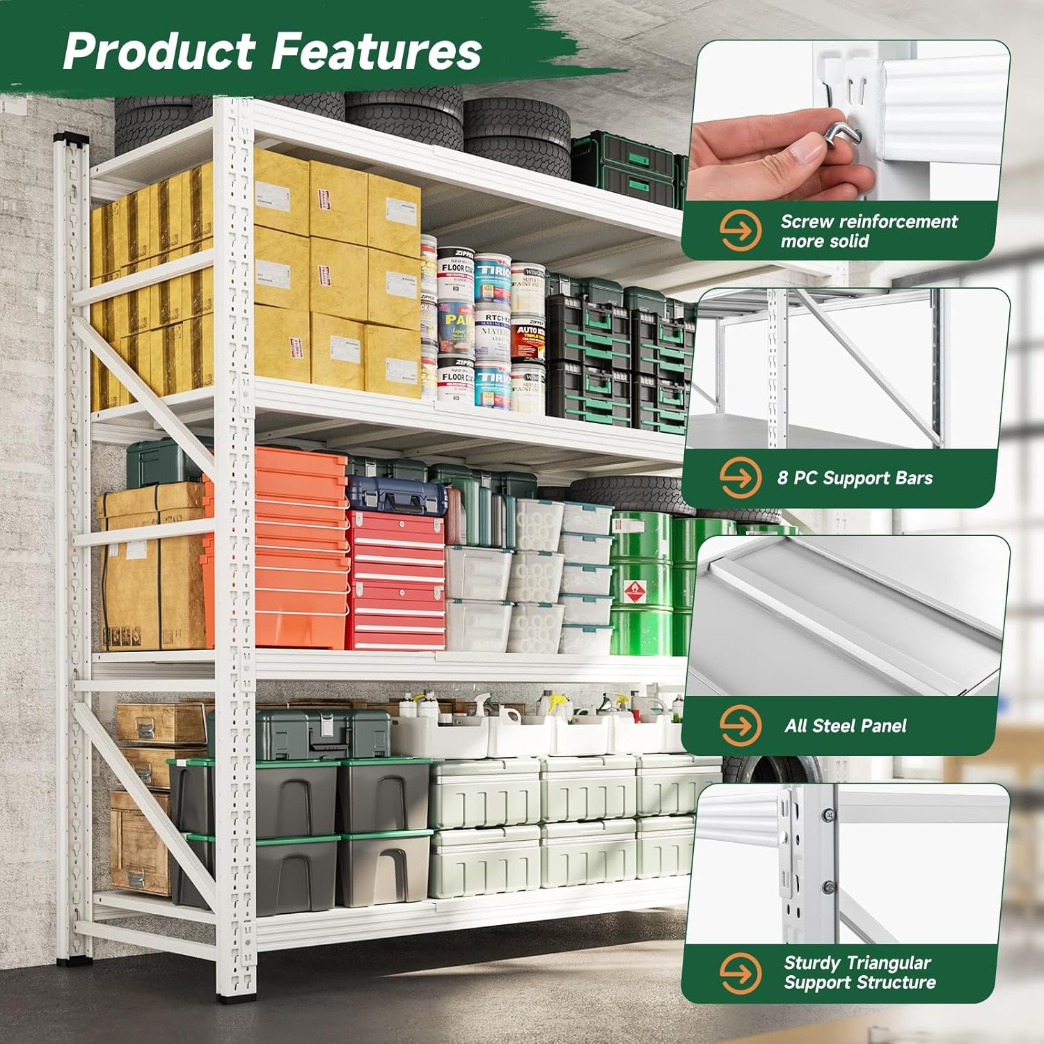 image:imageLetaya 3000LBS Storage Shelves Heavy Duty70 H Garage Shelving Units 4 Tier Adjustable Utility Rack ShelfLarge Metal Industrial Shelvesfor ShopWarehouseBasementBlack 48 W x 24 D x 70 HWhite
