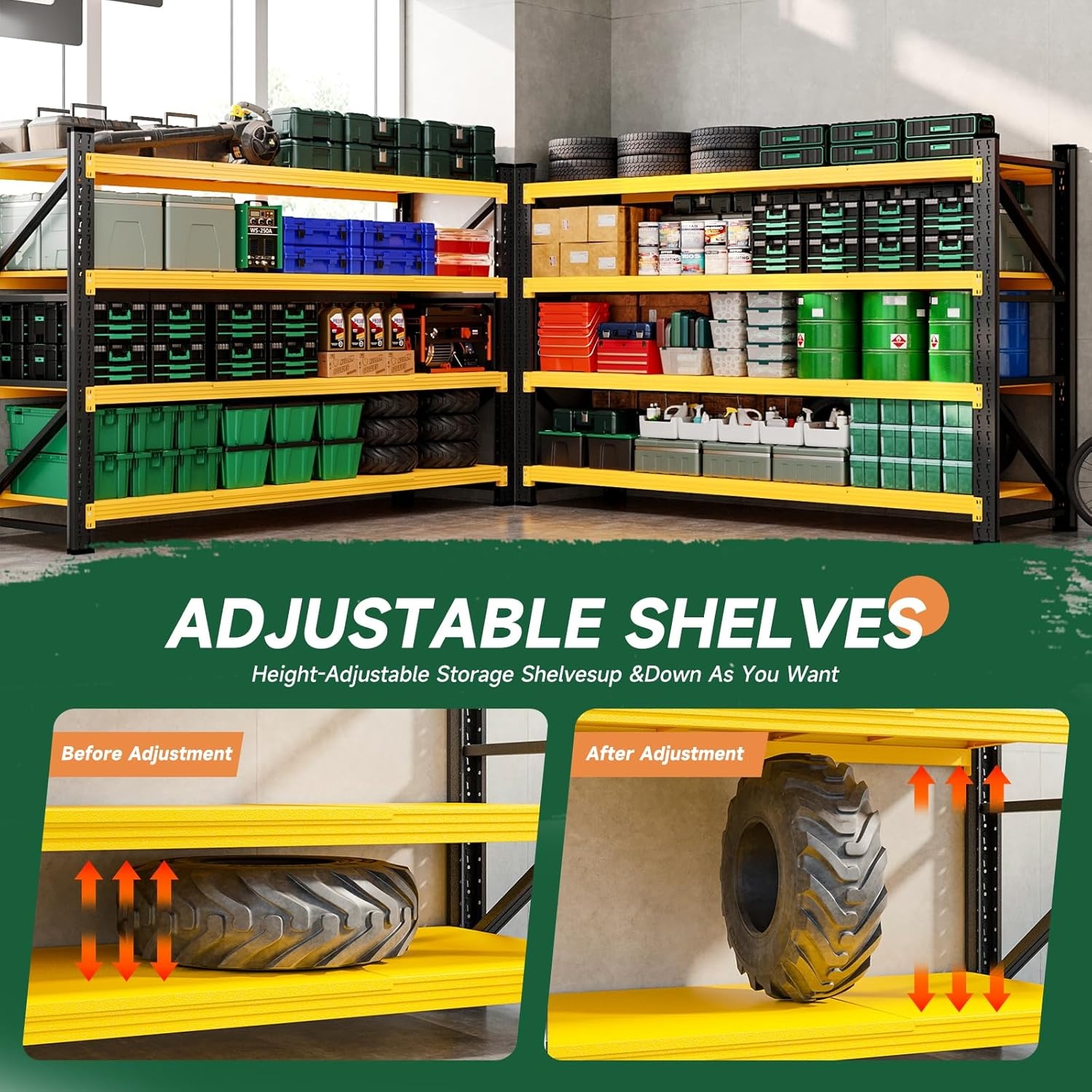 image:imageLetaya 3000LBS Storage Shelves Heavy Duty70 H Garage Shelving Units 4 Tier Adjustable Utility Rack ShelfLarge Metal Industrial Shelvesfor ShopWarehouseBasementBlack 48 W x 24 D x 70 HBlack Yellow