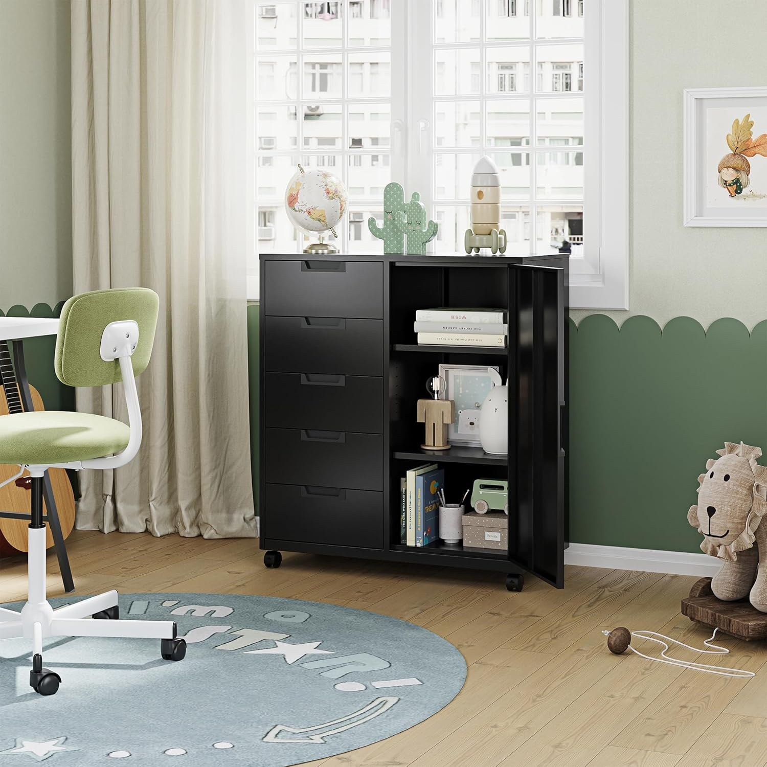 image:imageLetaya 5 Drawer Storage Cabinet Mobile Printer Stand for Home OfficeDresser Chest with Shelves and DoorWhiteBlack