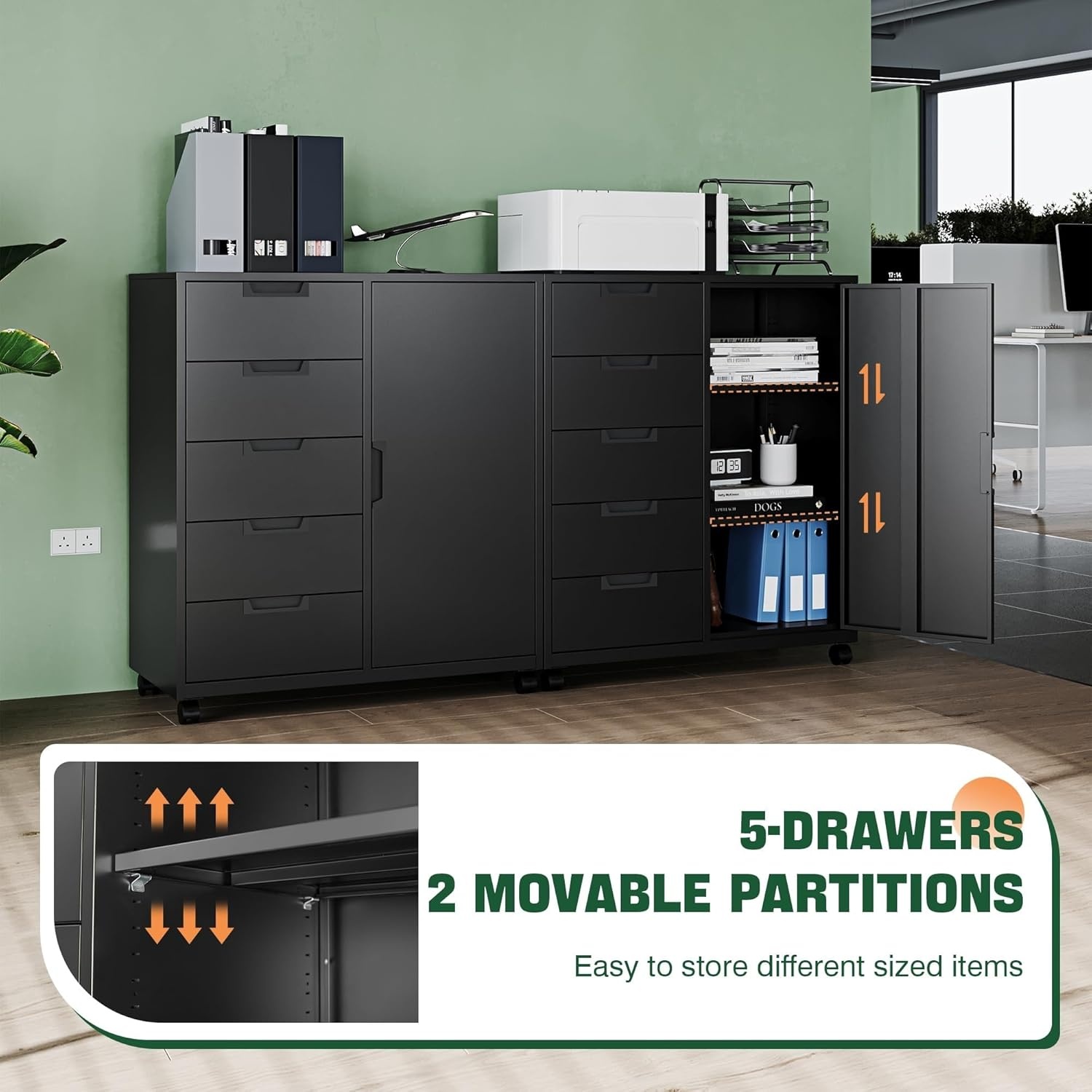 image:imageLetaya 5 Drawer Storage Cabinet Mobile Printer Stand for Home OfficeDresser Chest with Shelves and DoorWhiteBlack