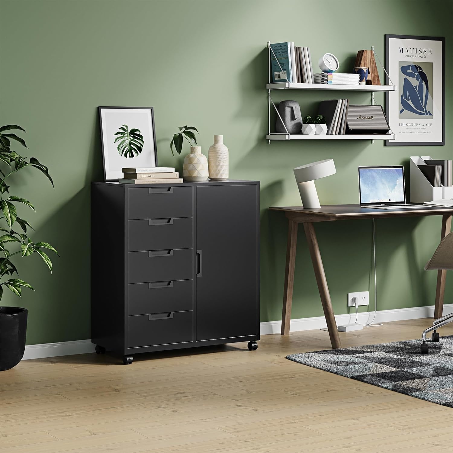 image:imageLetaya 5 Drawer Storage Cabinet Mobile Printer Stand for Home OfficeDresser Chest with Shelves and DoorWhiteBlack