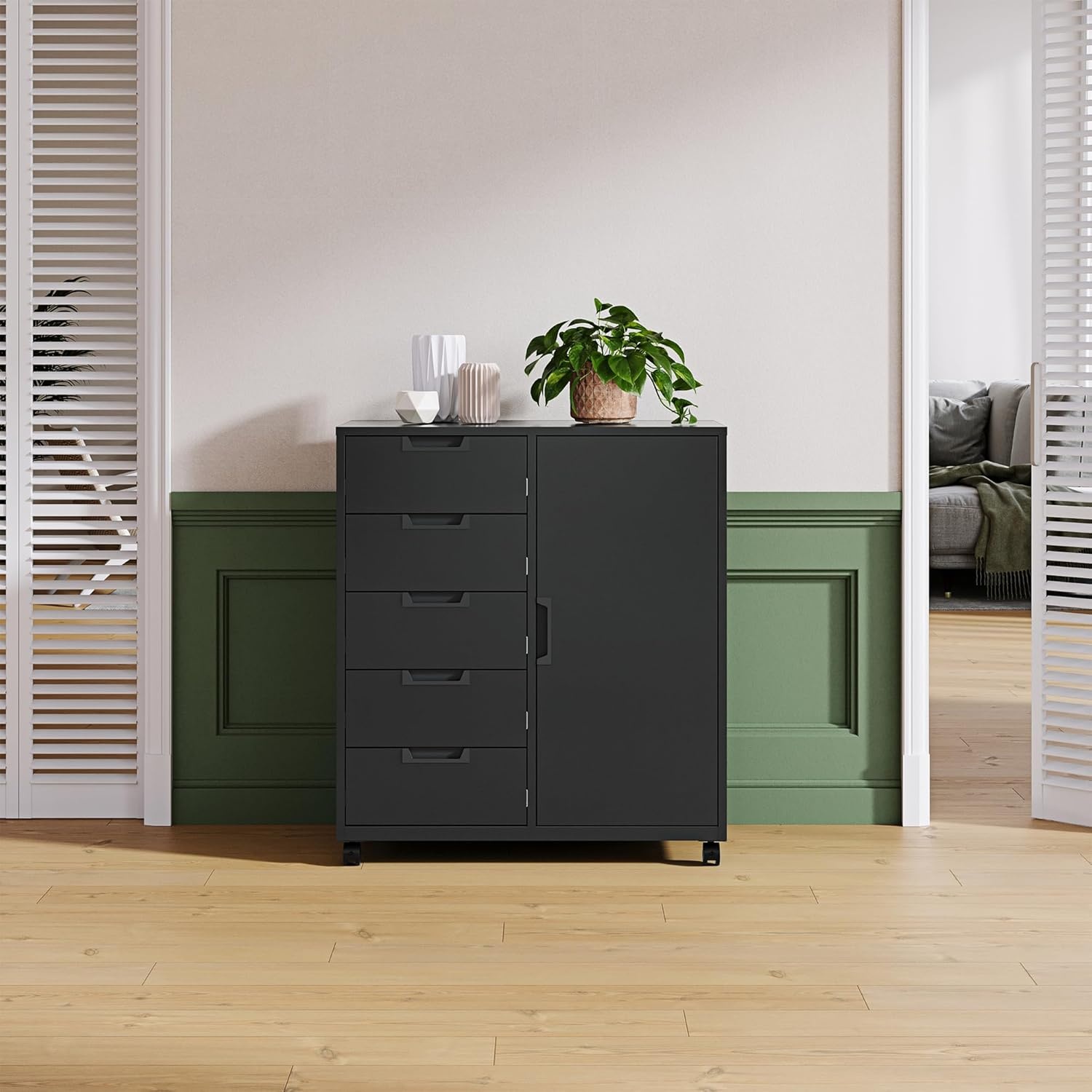 image:imageLetaya 5 Drawer Storage Cabinet Mobile Printer Stand for Home OfficeDresser Chest with Shelves and DoorWhiteBlack