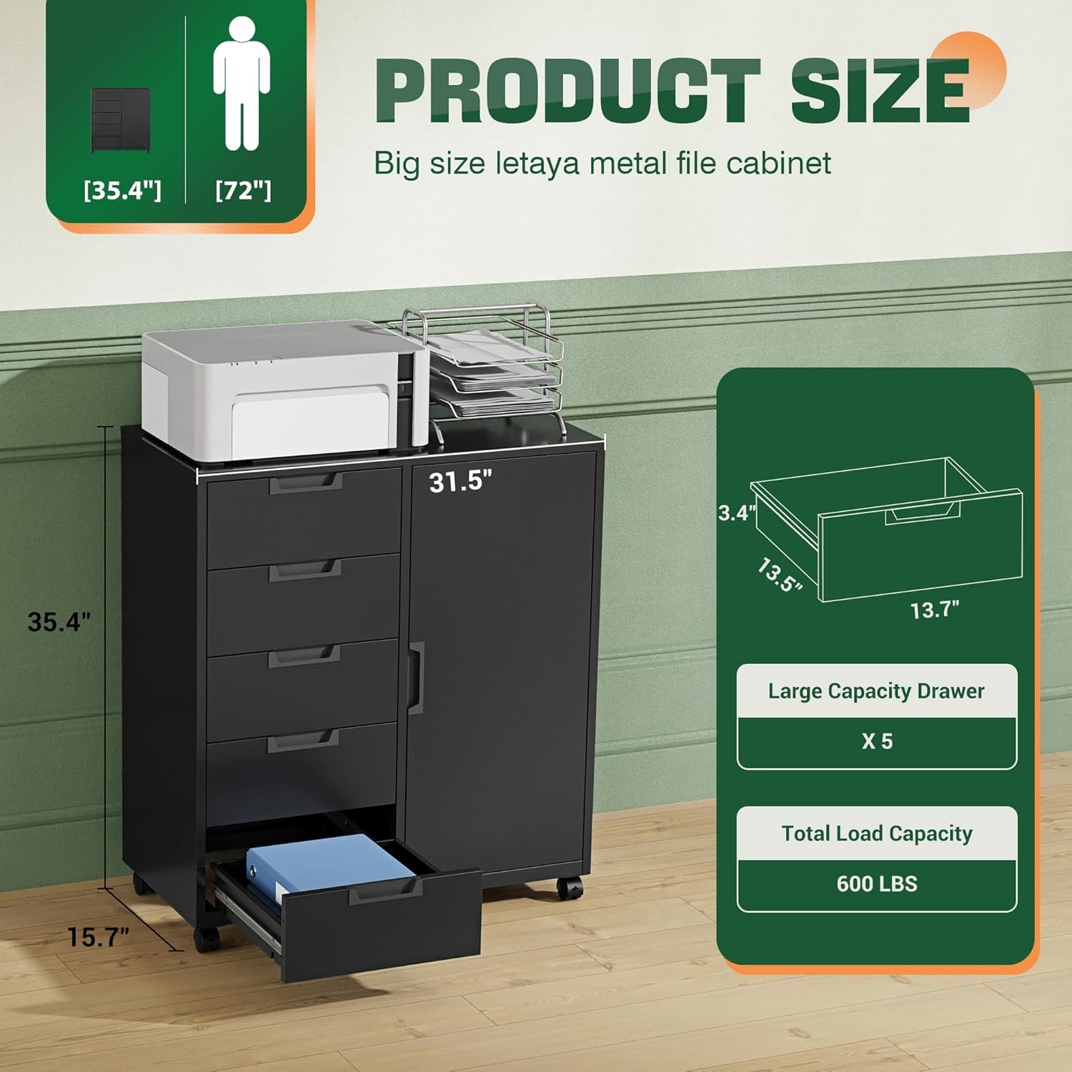 image:imageLetaya 5 Drawer Storage Cabinet Mobile Printer Stand for Home OfficeDresser Chest with Shelves and DoorWhiteBlack