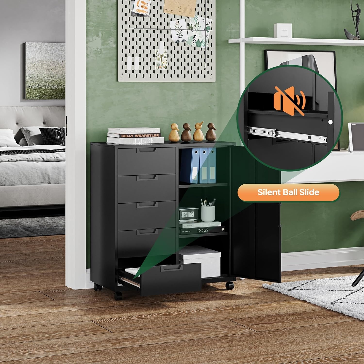 image:imageLetaya 5 Drawer Storage Cabinet Mobile Printer Stand for Home OfficeDresser Chest with Shelves and DoorWhiteBlack