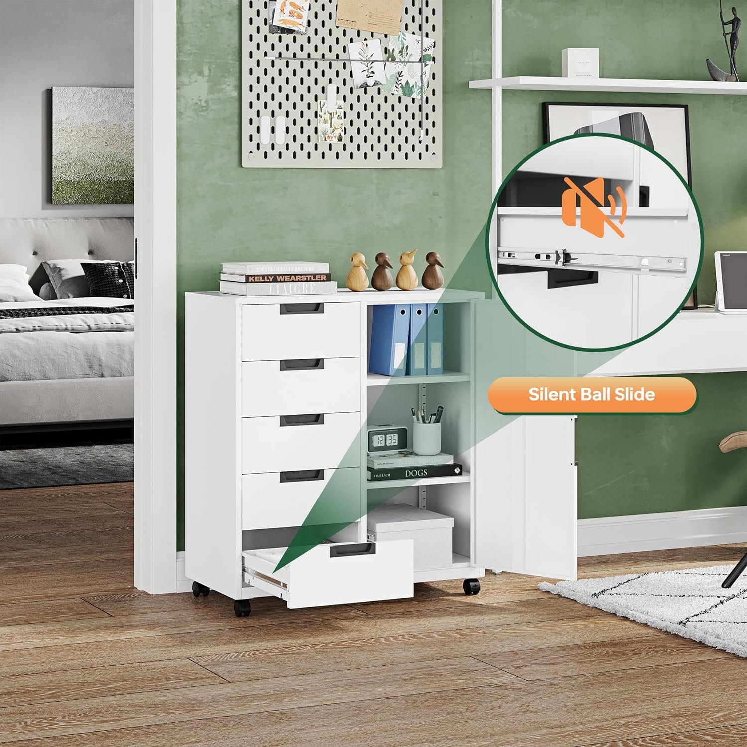 image:imageLetaya 5 Drawer Storage Cabinet Mobile Printer Stand for Home OfficeDresser Chest with Shelves and DoorWhiteWhite