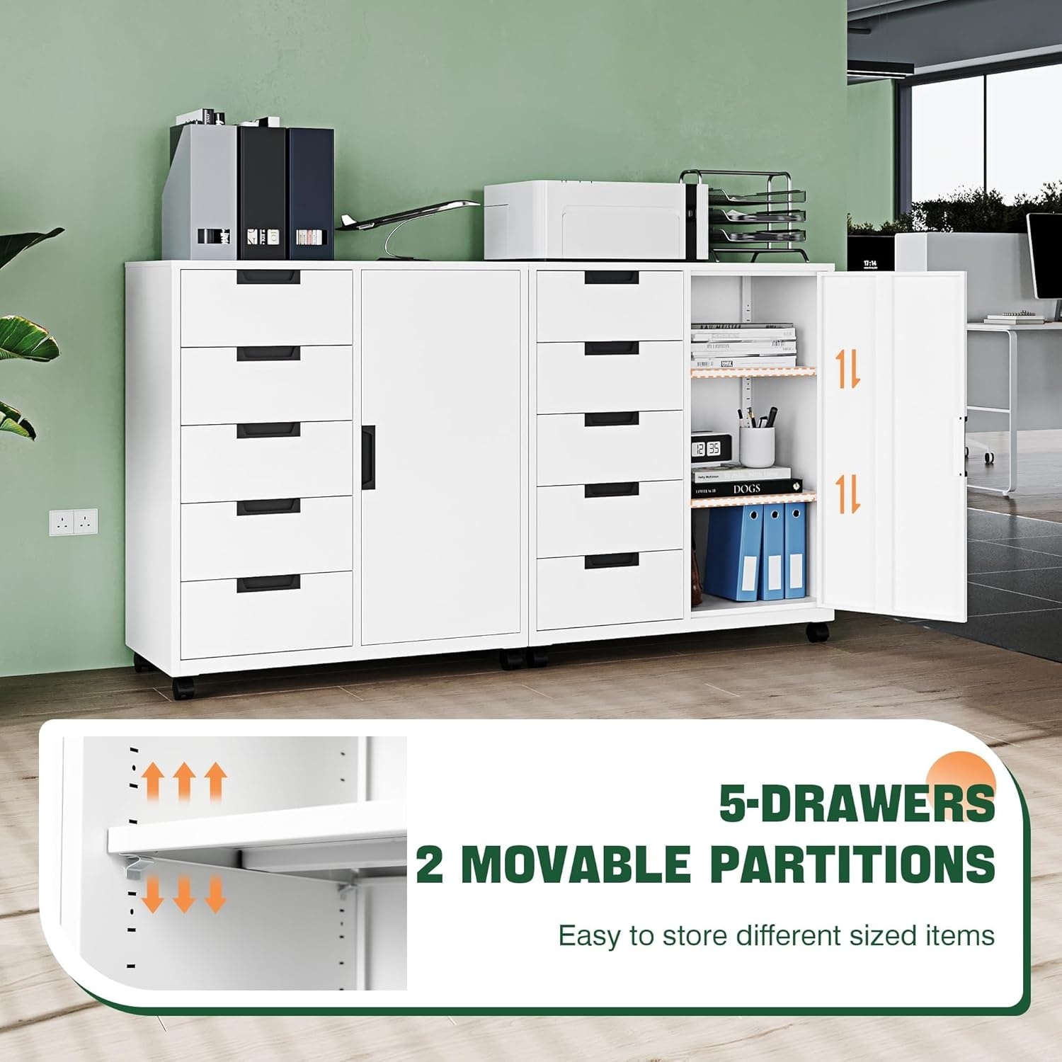 image:imageLetaya 5 Drawer Storage Cabinet Mobile Printer Stand for Home OfficeDresser Chest with Shelves and DoorWhiteWhite