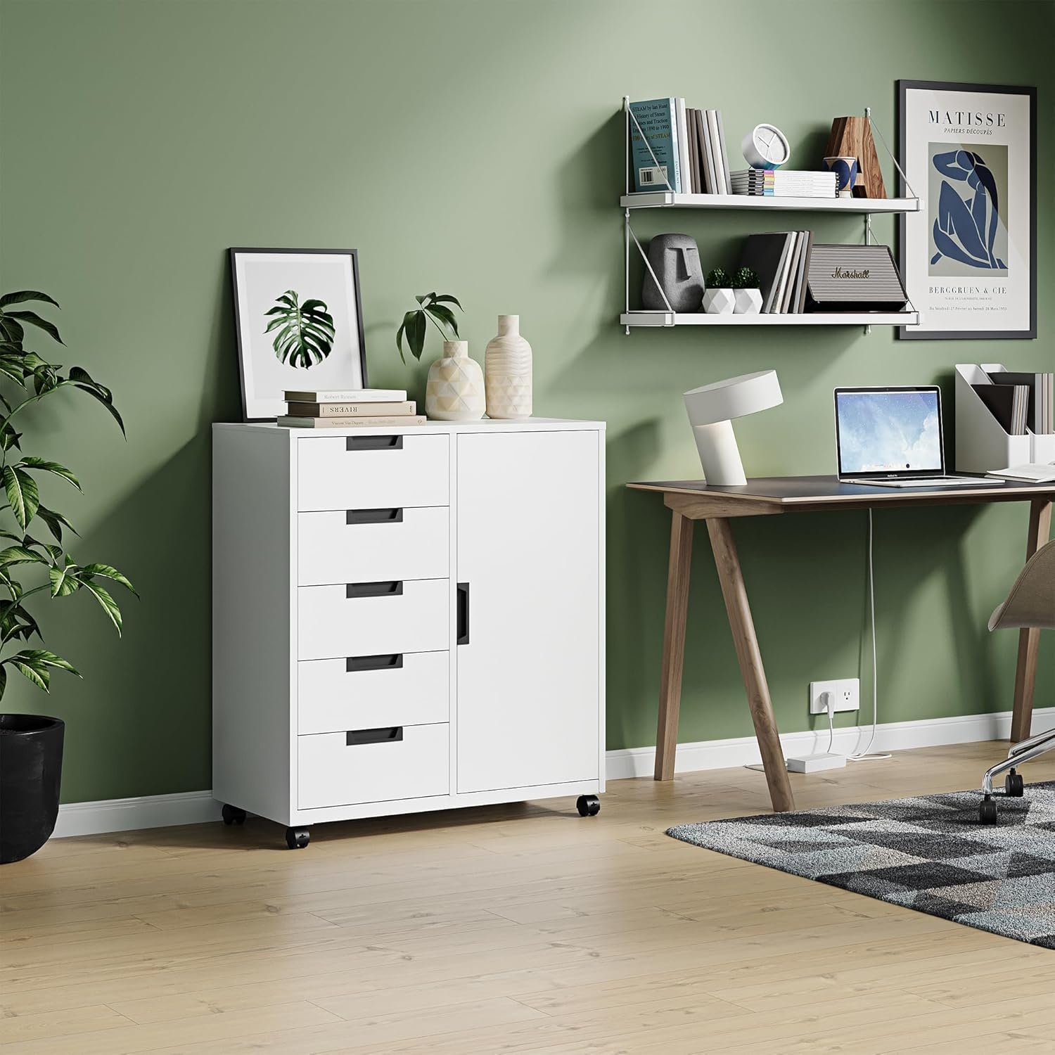 image:imageLetaya 5 Drawer Storage Cabinet Mobile Printer Stand for Home OfficeDresser Chest with Shelves and DoorWhiteWhite