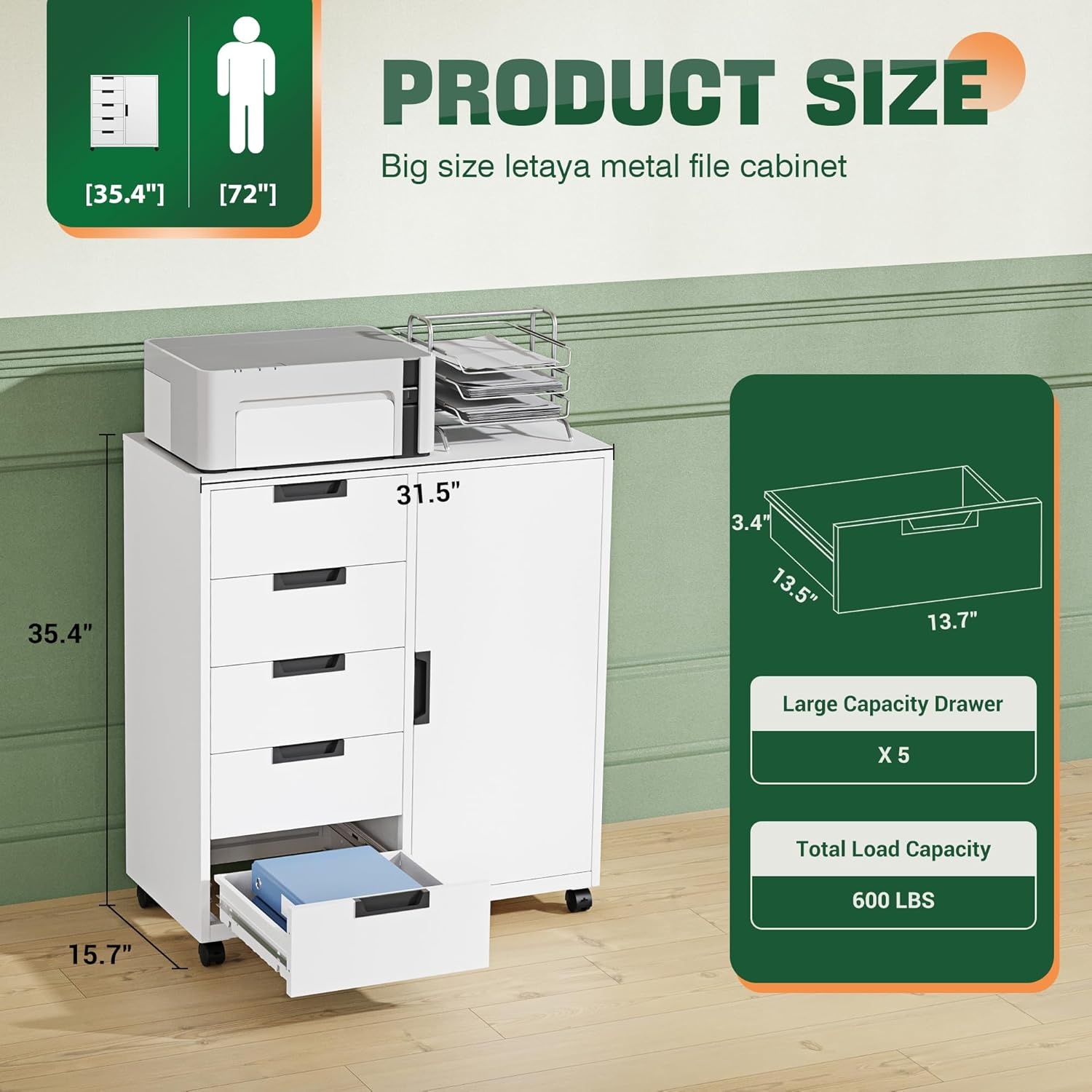 image:imageLetaya 5 Drawer Storage Cabinet Mobile Printer Stand for Home OfficeDresser Chest with Shelves and DoorWhiteWhite
