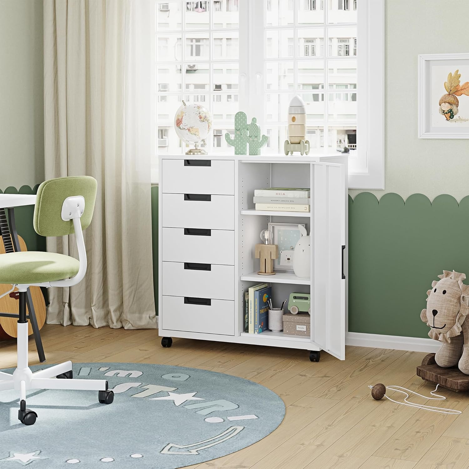 image:imageLetaya 5 Drawer Storage Cabinet Mobile Printer Stand for Home OfficeDresser Chest with Shelves and DoorWhiteWhite
