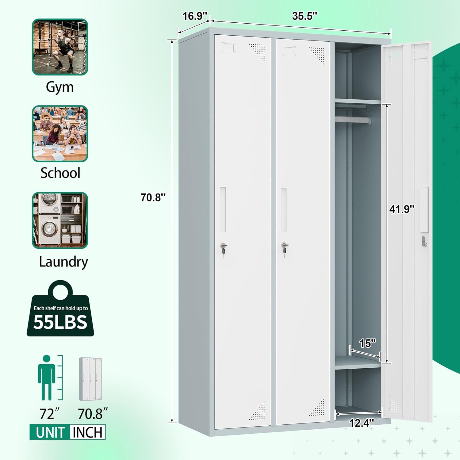 image:imageLetaya Metal Lockers for Employees71 Employees Storage Cabinet with Lock Steel Storage Locker for Gym School Home Office Staff Grey White 3 DoorWhite