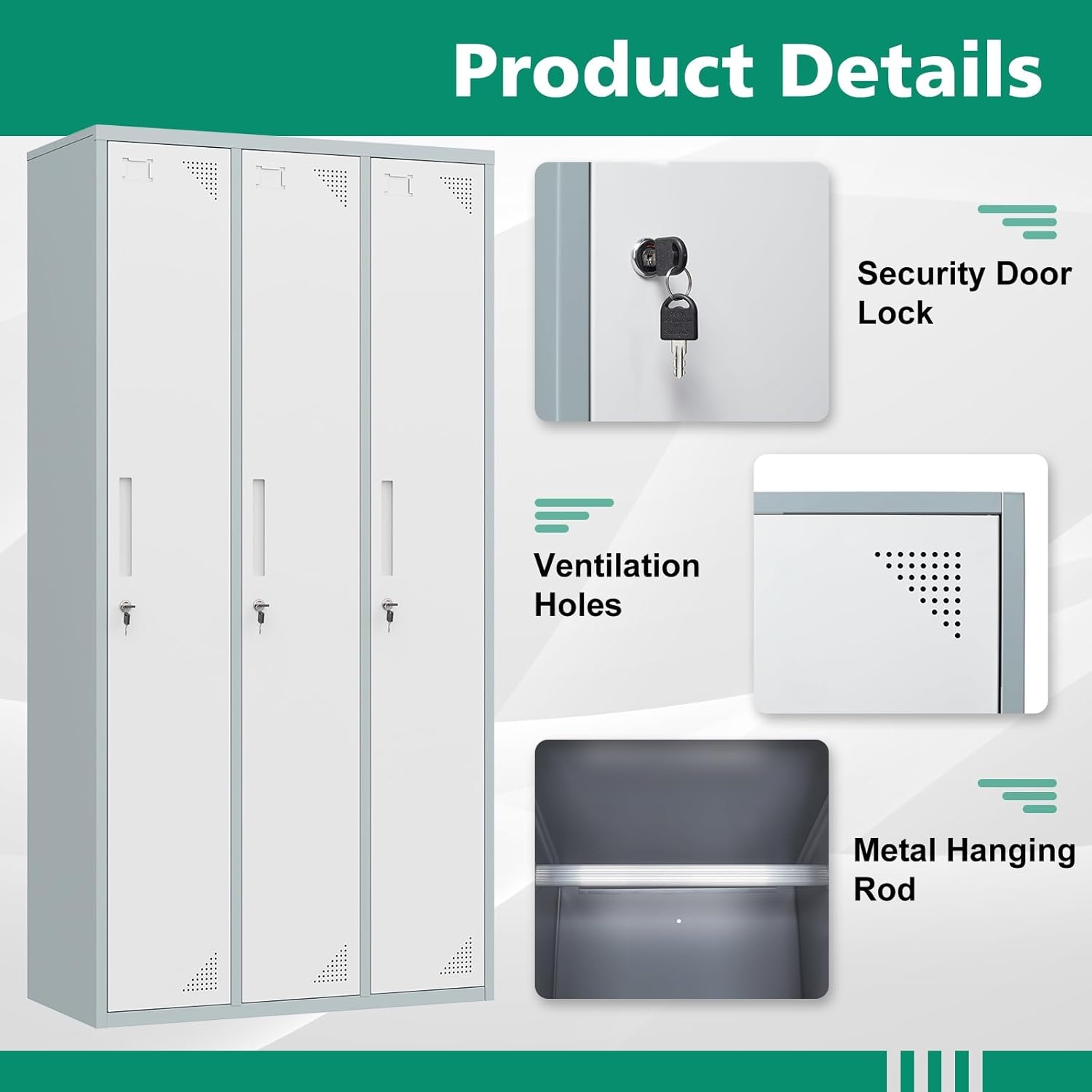 image:imageLetaya Metal Lockers for Employees71 Employees Storage Cabinet with Lock Steel Storage Locker for Gym School Home Office Staff Grey White 3 DoorWhite