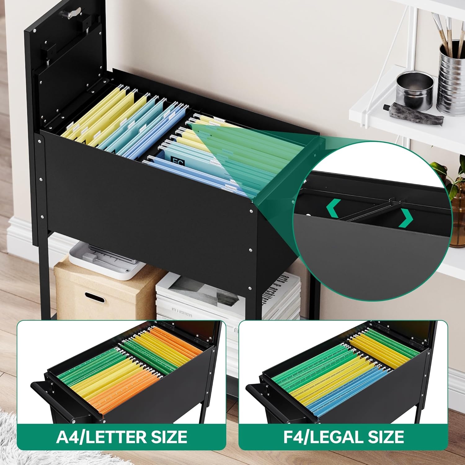 image:imageLetaya Mobile File Cabinet with LockRolling Filing Cart with WheelsHanging LetterA4F4Legal Size Movable PullOut File Folder for Home OfficeBlack